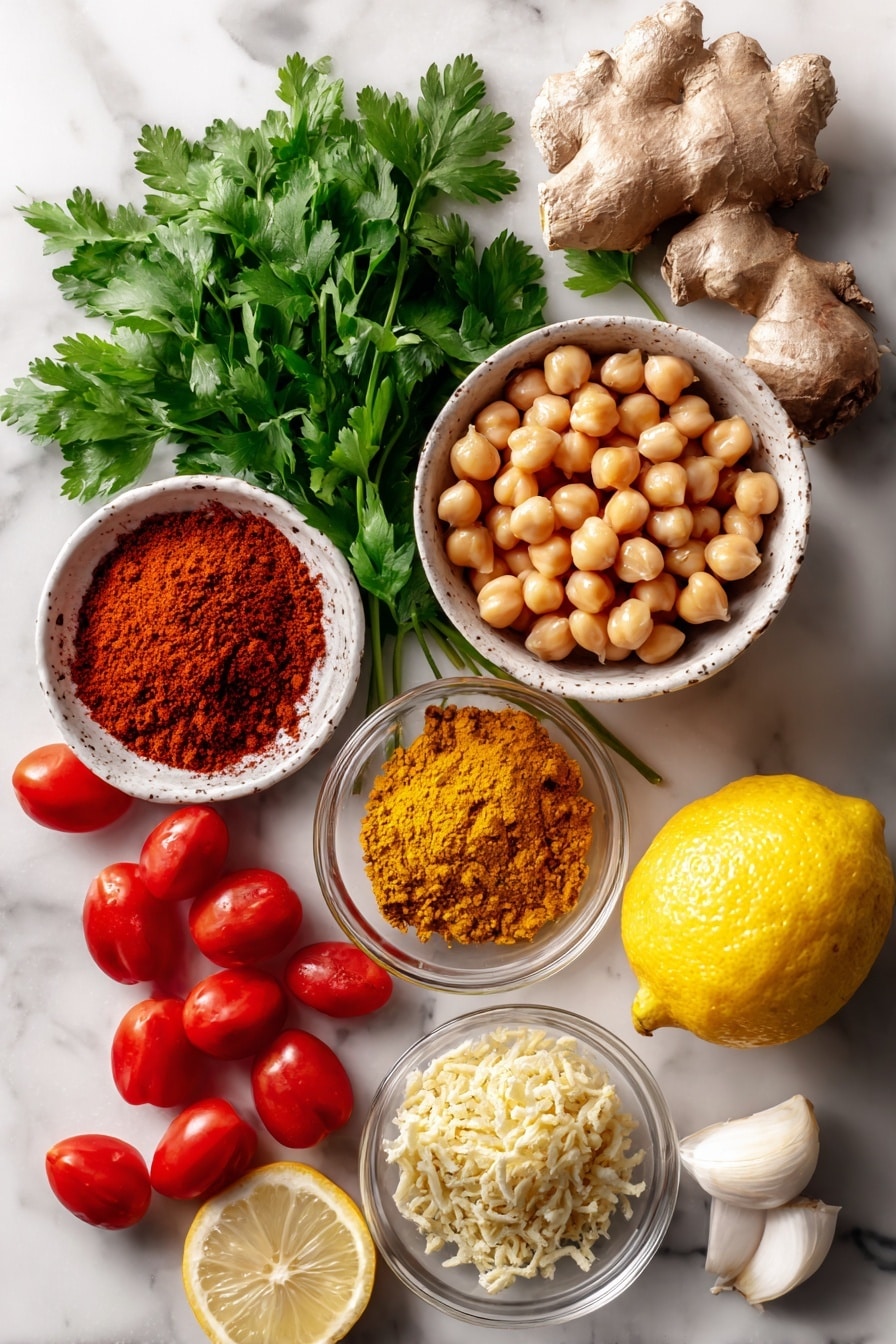 Flat lay of golden cumin seeds, vibrant ground turmeric, warm reddish-brown garam masala, fresh bright green cilantro leaves, plump beige chickpeas, peeled whole tomatoes with rich red hues, finely grated pale yellow ginger, minced white garlic cloves, and a fresh lemon cut in half showing its juicy yellow flesh, all beautifully arranged on a white marble surface, photo taken with an iphone --ar 2:3 --v 7 - Easy Vegan Chana Masala, Vegan Chana Masala with Tomato and Chickpeas, Healthy Indian Chickpea Curry, Simple Vegan Indian Dinner, Quick Vegan Chana Masala
