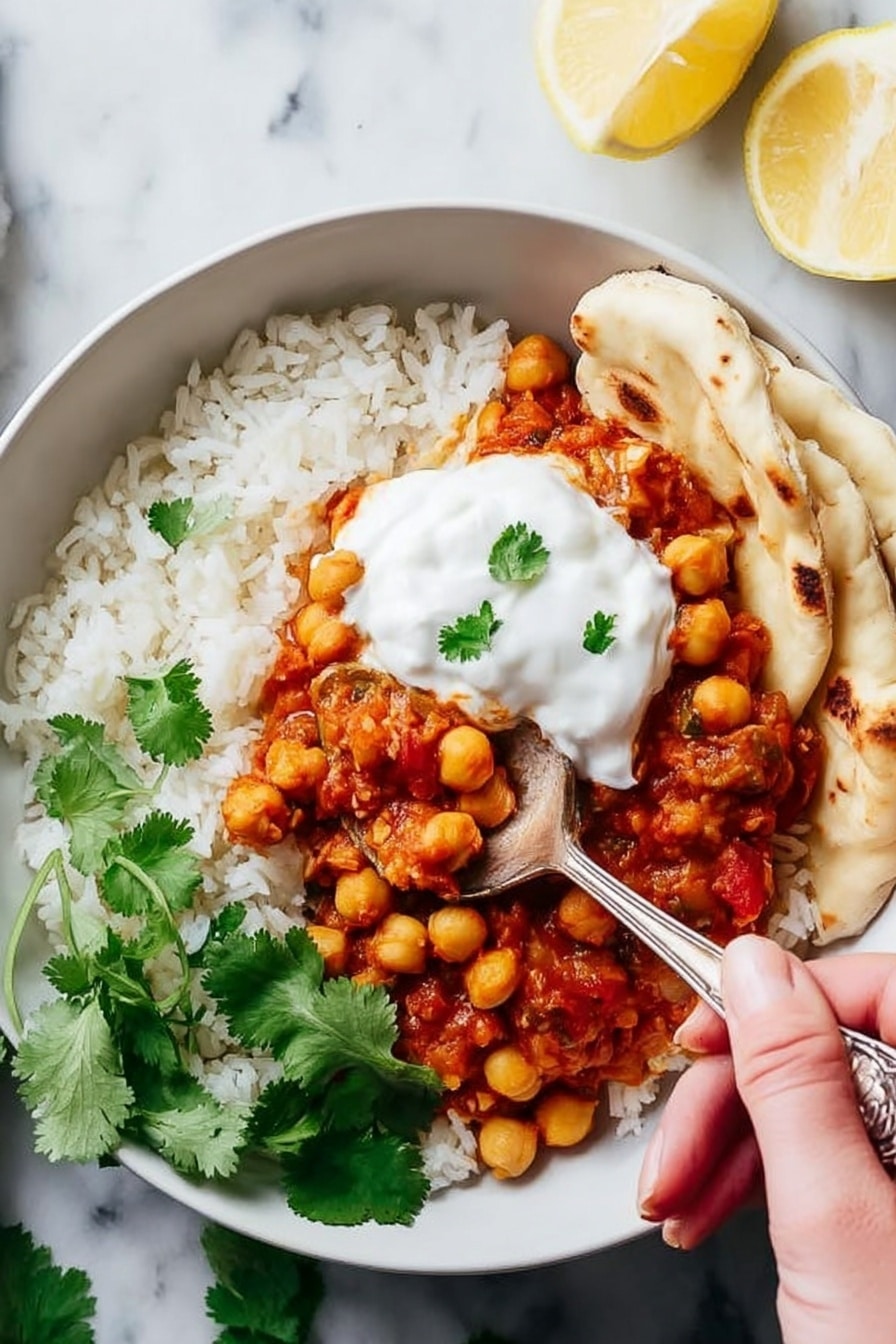 A white bowl contains a dish with three layers visible: the bottom layer is white rice filling half the bowl with a soft, grainy texture; on top of the rice, there is a thick chickpea and tomato sauce mixture in reddish-orange with chunks of chickpeas and tomato pieces, covering the center; a dollop of white creamy yogurt sits on top of the sauce in the middle; fresh green cilantro leaves are placed on one side of the bowl near the rice; pieces of flatbread with a light golden-brown color and soft texture rest on the edge of the bowl. A woman's hand is holding a spoon scooping into the sauce near the flatbread. The background is a white marbled texture with two lemon wedges placed nearby. Photo taken with an iphone --ar 2:3 --v 7 - Easy Vegan Chana Masala, Vegan Chana Masala with Tomato and Chickpeas, Healthy Indian Chickpea Curry, Simple Vegan Indian Dinner, Quick Vegan Chana Masala