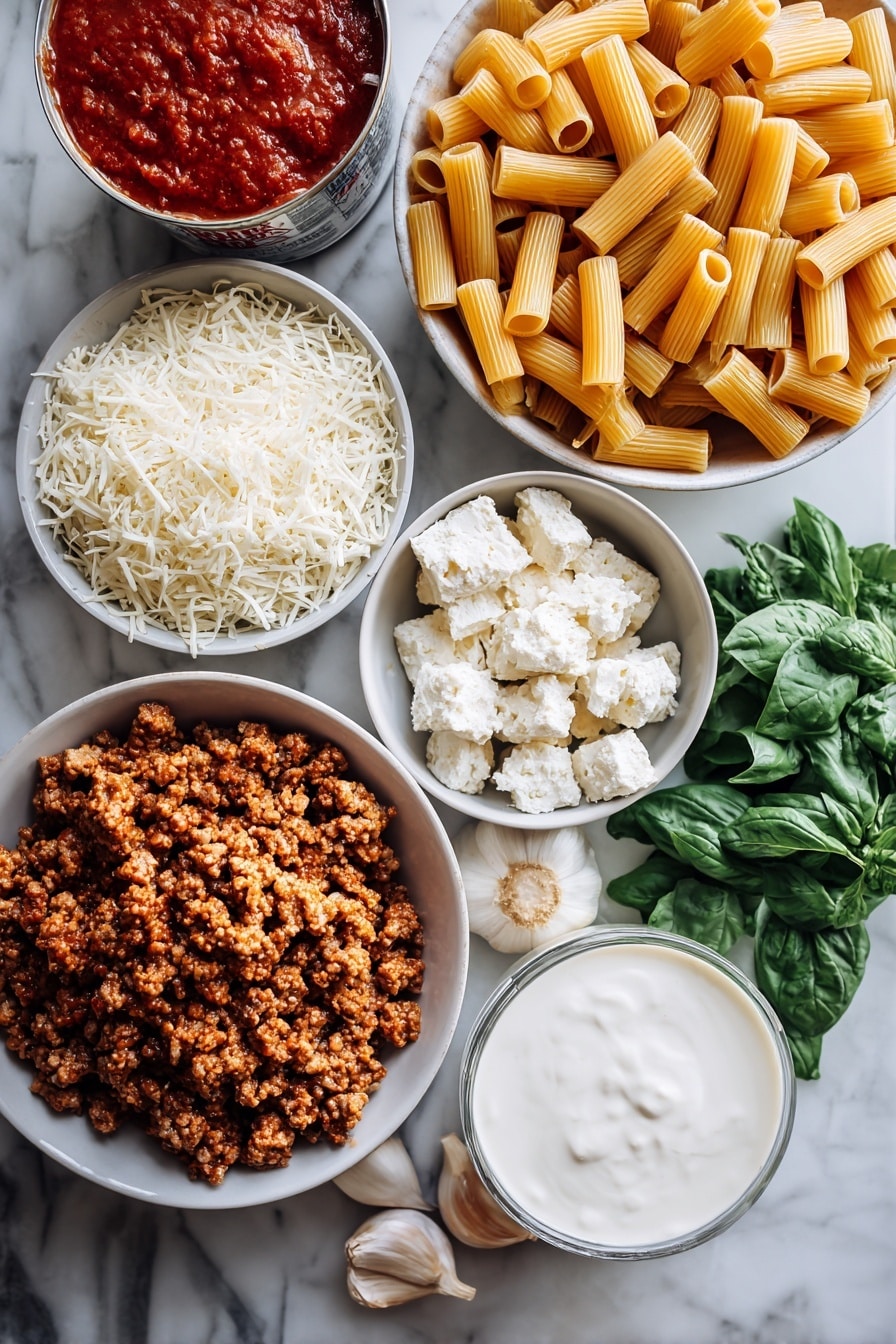 Flat lay of dry ziti pasta noodles, crumbled Italian sausage, minced garlic cloves, a large can of crushed tomatoes, fresh green basil leaves, shredded mozzarella cheese, grated pecorino Romano cheese, and a small pour of heavy cream, all beautifully arranged in separate piles and clusters, placed on a white marble surface, photo taken with an iphone --ar 2:3 --v 7 - Baked Ziti with Spicy Italian Sausage, Cream, and Mozzarella, Spicy Italian Sausage Pasta Bake, Creamy Baked Ziti, cheesy Italian sausage casserole, hearty pasta dishes