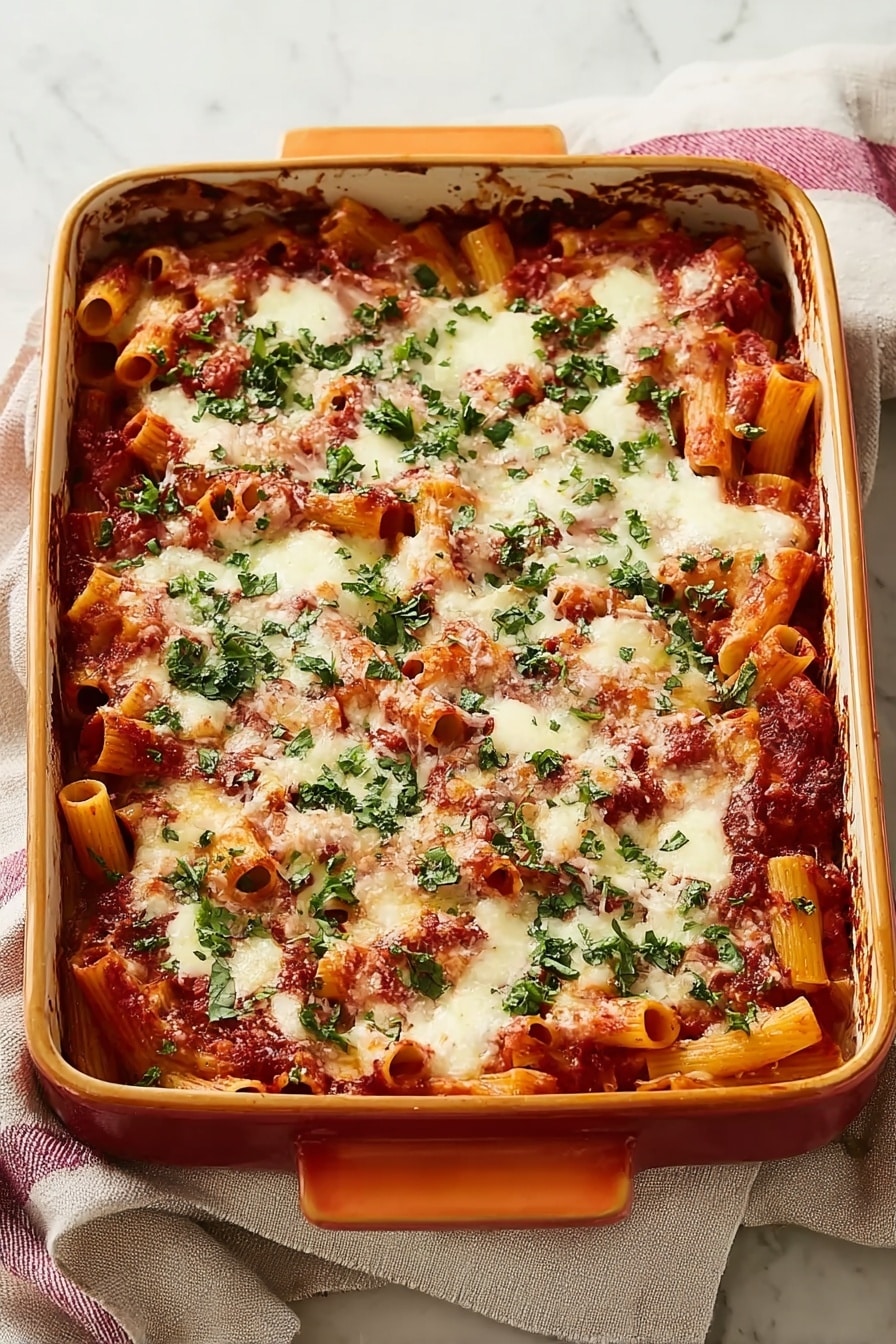 A rectangular orange baking dish filled with baked pasta is shown. The dish has one main layer of rigatoni pasta covered evenly with thick red tomato sauce. On top, there are small patches of melted white cheese scattered all over. Fresh green chopped herbs, possibly parsley or basil, are sprinkled generously, adding a fresh contrast on the cheese and sauce. The edges of the baking dish show some browned spots where the sauce has baked into the sides. The dish sits on folded beige and white towels over a white marbled surface. photo taken with an iphone --ar 2:3 --v 7 - Baked Ziti with Spicy Italian Sausage, Cream, and Mozzarella, Spicy Italian Sausage Pasta Bake, Creamy Baked Ziti, cheesy Italian sausage casserole, hearty pasta dishes