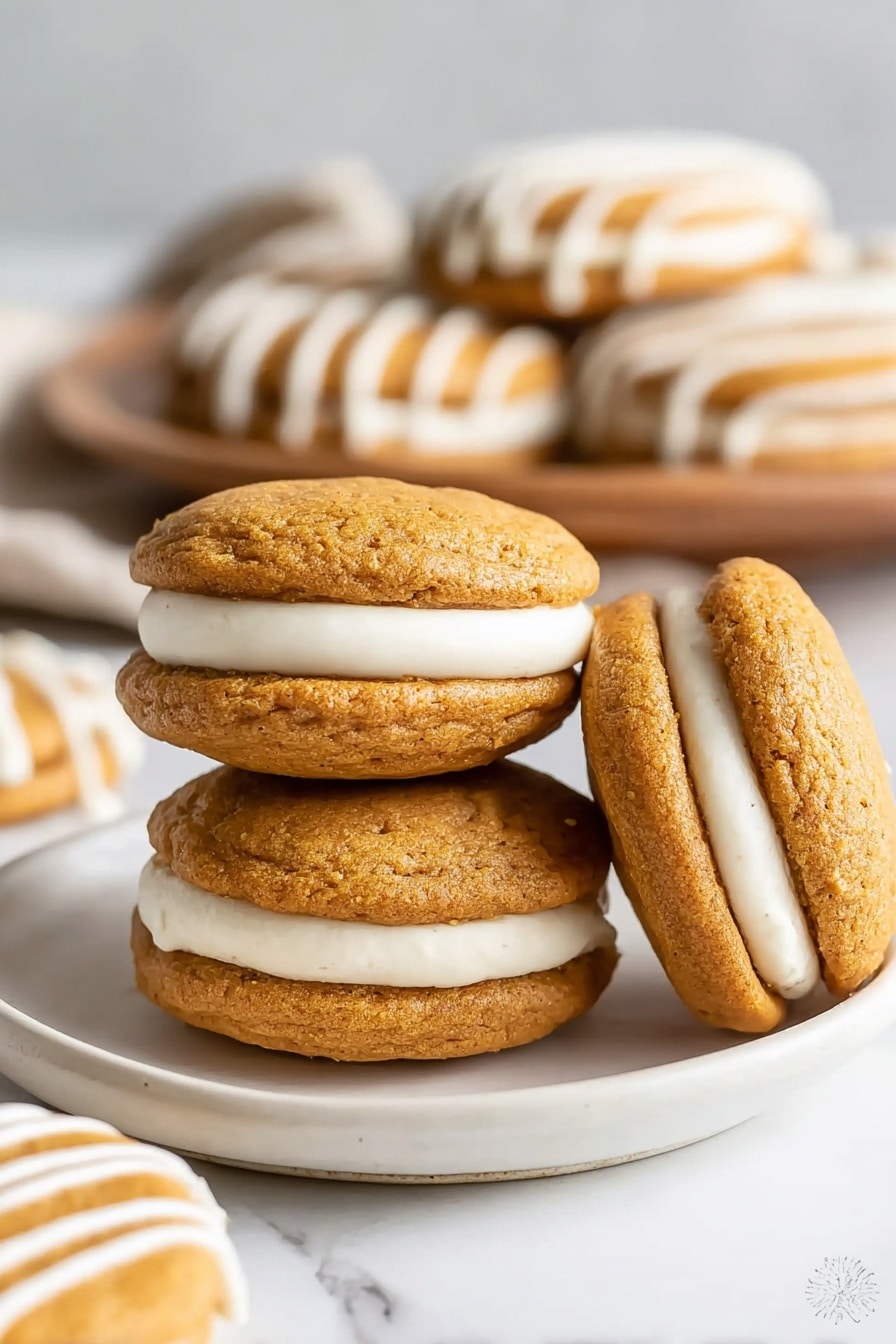 The image shows a close-up of three soft, round pumpkin sandwich cookies stacked on a white plate with a white marbled background. Each cookie has two golden-brown layers with a soft texture, filled with a thick layer of smooth, white cream in the middle. One cookie leans on the stack, displaying the cream filling clearly. In the background, more cookies with white drizzle are visible, adding to the cozy feel. Photo taken with an iphone --ar 2:3 --v 7 - Easy Pumpkin Whoopie Pies, Pumpkin Whoopie Pies, Fall Dessert Recipes, Pumpkin Spice Cookies, Homemade Pumpkin Sandwiches