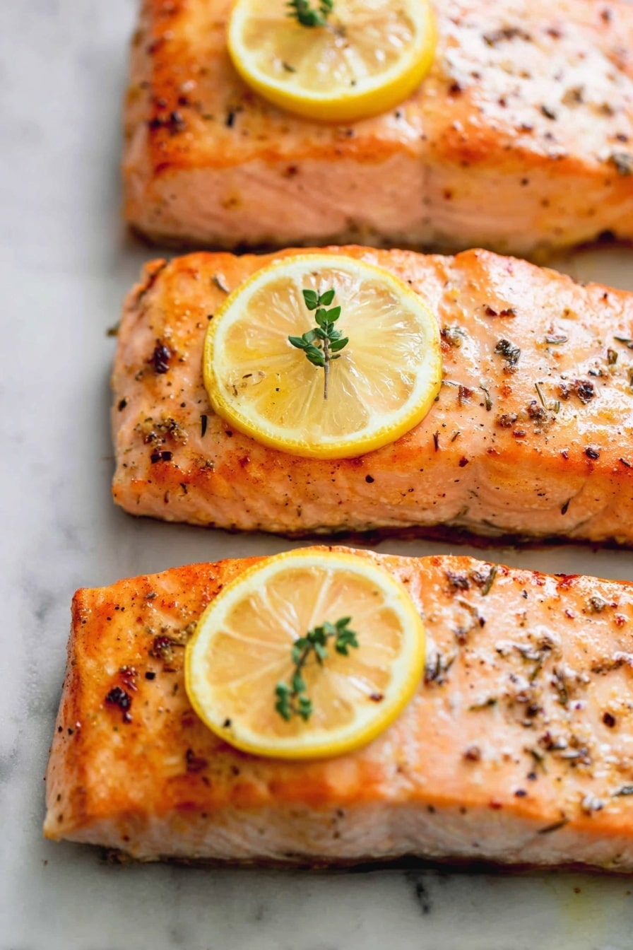 Three cooked salmon fillets lie side by side on a white marbled surface, each piece showing a light orange-pink color with a slightly browned, crispy texture on top. Small black pepper flakes and herbs are scattered unevenly across the surface of the salmon, adding specks of dark color. Each fillet is topped with a thin, bright yellow lemon slice with a small green herb sprig placed at the center of the lemon, adding fresh green detail. The edges of the salmon are slightly darker, showing a light crispiness. photo taken with an iphone --ar 2:3 --v 7 - Best Easy Healthy Baked Salmon, healthy baked salmon, quick baked salmon recipe, flavorful baked salmon, easy salmon dinner