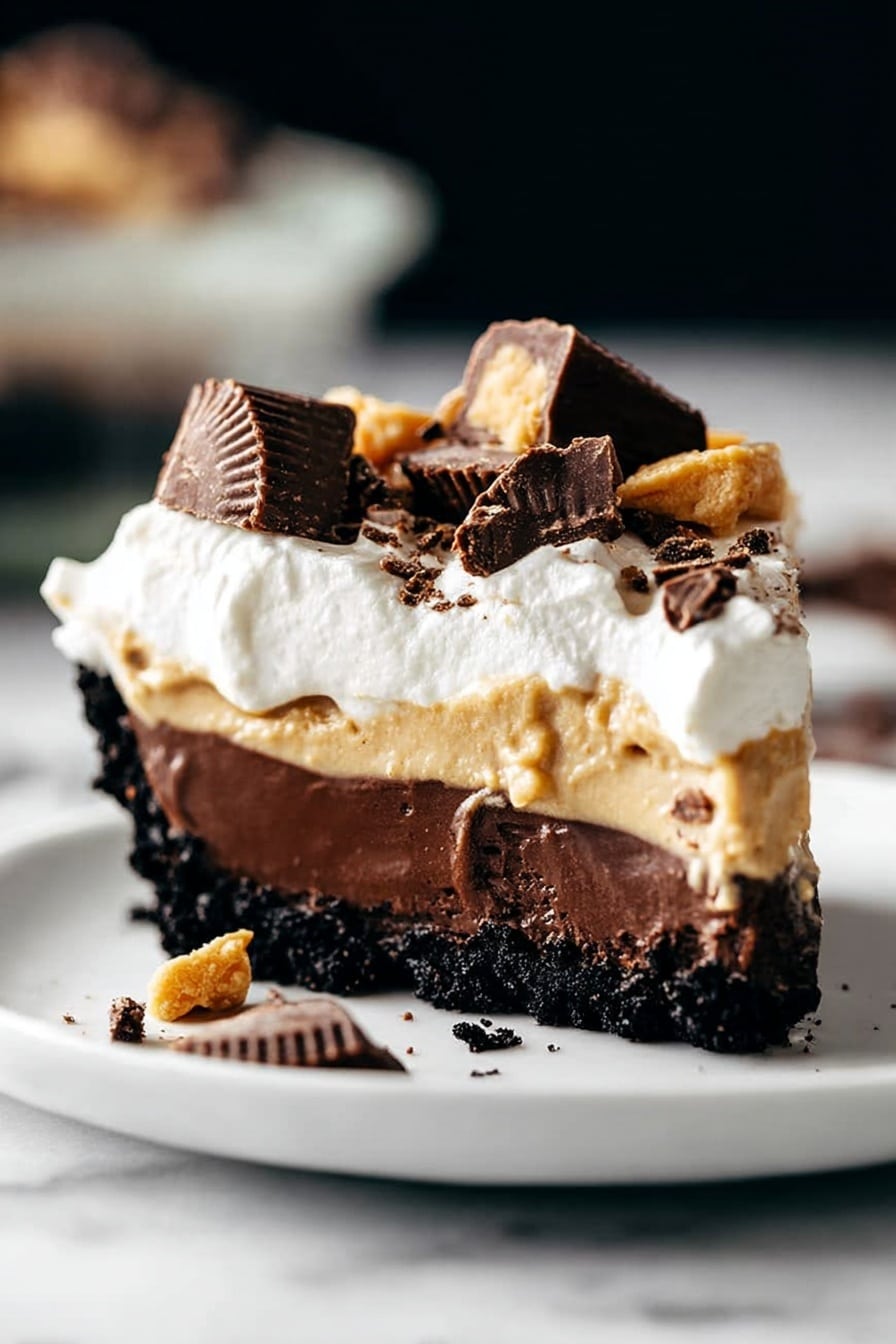 The image shows a slice of dessert with four clear layers served on a white plate against a white marbled background. The bottom layer is a dark, crumbly chocolate crust. Above that is a smooth, thick dark chocolate layer. The third layer is a light creamy tan color, likely peanut butter or caramel. The top layer is fluffy white whipped cream covered with crushed pieces of chocolate and peanut butter cups scattered over it. The dessert looks rich and creamy with a mix of textures from smooth to crunchy. Photo taken with an iphone --ar 2:3 --v 7 - Chocolate Peanut Butter Pie, chocolate peanut butter pie dessert, easy peanut butter chocolate pie, no-bake chocolate peanut butter pie, quick chocolate peanut butter pie