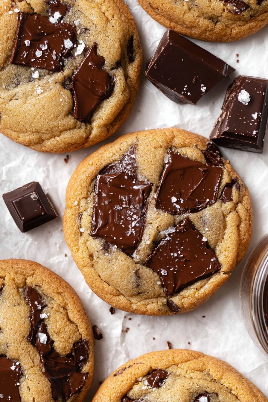 The image shows several golden brown cookies with dark melted chocolate chunks on top, placed closely together on white parchment paper. Each cookie has multiple large, shiny, deep brown chocolate pieces embedded in the soft cookie surface, with a few pieces sprinkled with coarse salt. Around the cookies are a few solid dark chocolate chunks in irregular shapes. The background is a white marbled texture. photo taken with an iphone --ar 2:3 --v 7 - The BEST Chocolate Chip Cookies Bakery Style, homemade soft chewy chocolate chip cookies, bakery-style chocolate chip cookies recipe, best homemade cookie recipe, easy bakery-style cookies