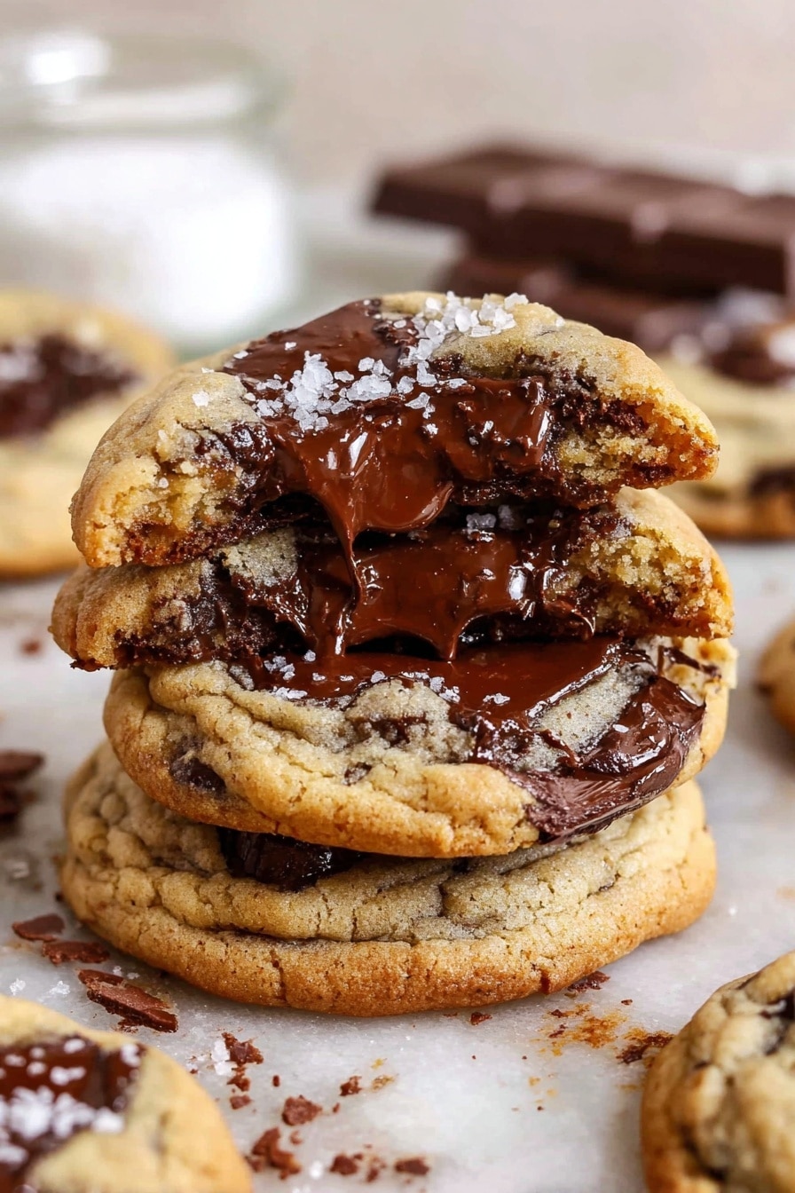 A stack of three thick cookies filled with large, melted dark chocolate chunks sits in the center on a white marbled surface, showing the cookies' soft and chewy texture. The top cookie is broken in half, revealing rich, glossy chocolate melting inside. Around the stack, more cookies with similar chocolate melts are spread on the white marbled surface. In the background, there is a small glass jar filled with white salt grains and a bar of dark chocolate slightly out of focus, enhancing the cozy and fresh feel of the scene. photo taken with an iphone --ar 2:3 --v 7 - The BEST Chocolate Chip Cookies Bakery Style, homemade soft chewy chocolate chip cookies, bakery-style chocolate chip cookies recipe, best homemade cookie recipe, easy bakery-style cookies