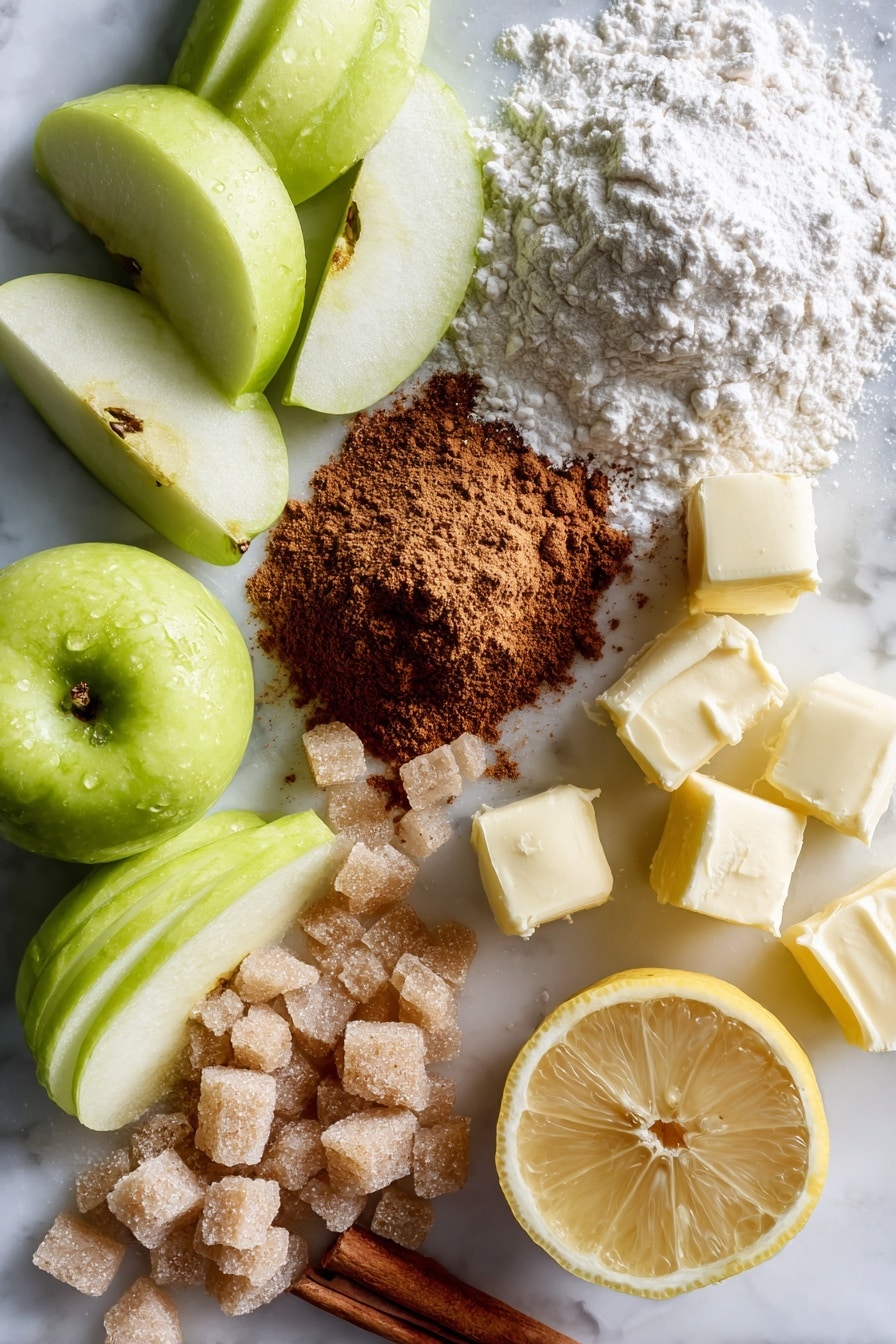 Flat lay of thinly sliced green Granny Smith apples scattered beside small piles of light and dark brown sugar crystals, a heap of warm cinnamon powder and a pinch of nutmeg, chunks of cold pale butter nestled near a mound of soft white flour, a fresh lemon sliced in half with droplets of juice glistening on the surface, all beautifully arranged on a white marble surface, photo taken with an iphone --ar 2:3 --v 7 - Dutch Apple Pie, apple pie recipe, homemade apple pie, classic apple pie, easy apple pie dessert