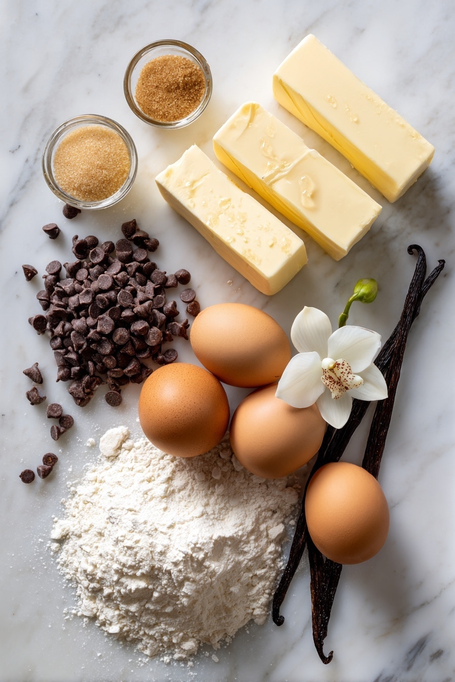 Flat lay of smooth unsalted butter sticks, light and dark brown sugar heaps, shiny semisweet chocolate chips scattered, lightly cracked large eggs, a small mound of all-purpose flour, vanilla beans with a few drops of extract, and a sprig of vanilla orchid, all beautifully arranged on a white marble surface, photo taken with an iphone --ar 2:3 --v 7 - Bakery Style Chocolate Chip Cookies, homemade chocolate chip cookies, thick chewy cookies, bakery-style cookie recipe, easy chocolate chip cookies