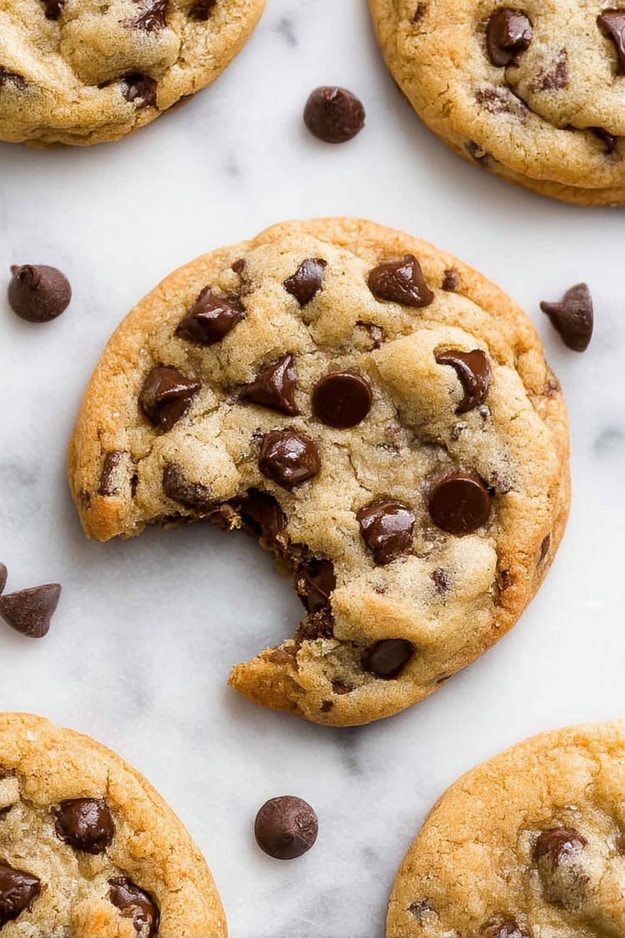 A close-up view of several chocolate chip cookies resting on a white marbled surface. The main cookie in the center is slightly broken, showing its soft inner texture filled with dark brown, shiny chocolate chips. Around this cookie, there are a few whole cookies with a light golden brown outer layer, dotted with more chocolate chips. Scattered around the cookies are loose chocolate chips, adding detail to the scene. The cookies have a slightly rough texture with some cracks visible on their surface, and the light highlights their slightly crisp edges and softer centers. photo taken with an iphone --ar 2:3 --v 7 - Bakery Style Chocolate Chip Cookies, homemade chocolate chip cookies, thick chewy cookies, bakery-style cookie recipe, easy chocolate chip cookies