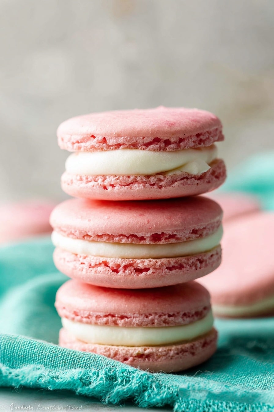 The image shows a stack of three pink macarons with two layers of smooth white cream filling in between each pink shell. The pink shells have a delicate, slightly textured surface with small, crisp edges. The macarons are placed on a soft turquoise cloth, and a blurred white marbled surface is seen in the background with another macaron partially visible. The lighting is soft, highlighting the macarons' smooth and airy texture. Photo taken with an iphone --ar 2:3 --v 7 - French Macarons Recipe, how to make French macarons, homemade French macarons, perfect French macarons, French macaron filling ideas
