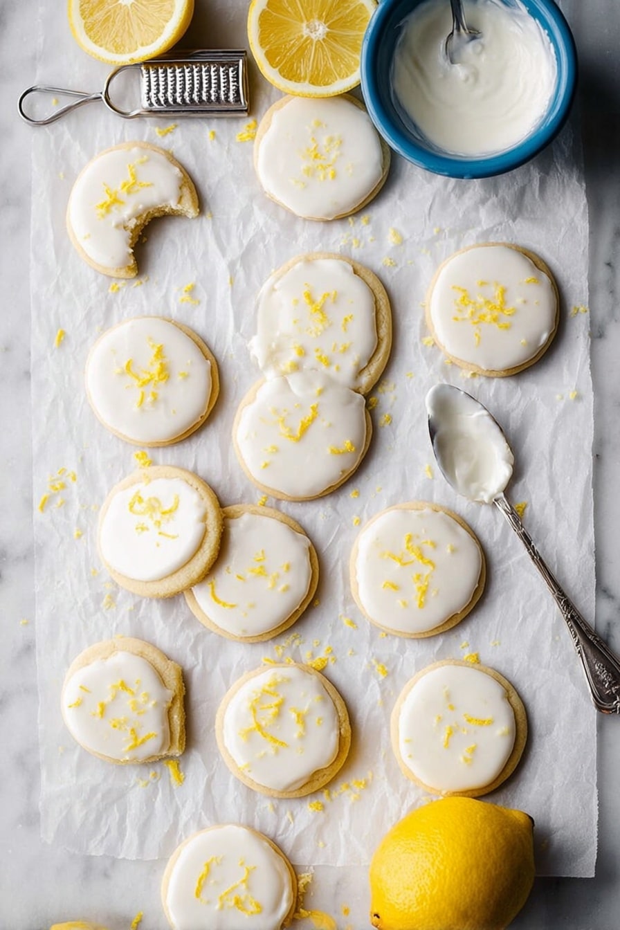 A white marbled surface holds a sheet of crinkled white parchment paper with sixteen round lemon cookies scattered on it. Each cookie has one layer of smooth white icing on top, with small bright yellow lemon zest bits sprinkled unevenly across the icing. Two halves of a bright yellow lemon rest near the edges of the parchment. A small blue bowl filled with white icing sits near the top right corner, and a silver spoon with a bit of icing rests diagonally across the parchment paper, its handle pointing toward the top center. A metal lemon zester is placed on the left side of the parchment. One cookie at the top left has a bite taken out of it, showing a light, soft texture inside. The scene is bright and clean, with all elements resting on the white marbled surface photo taken with an iphone --ar 2:3 --v 7 - Lemon Meltaway Cookies, lemon cookies, citrus cookies, buttery lemon cookies, easy lemon cookies