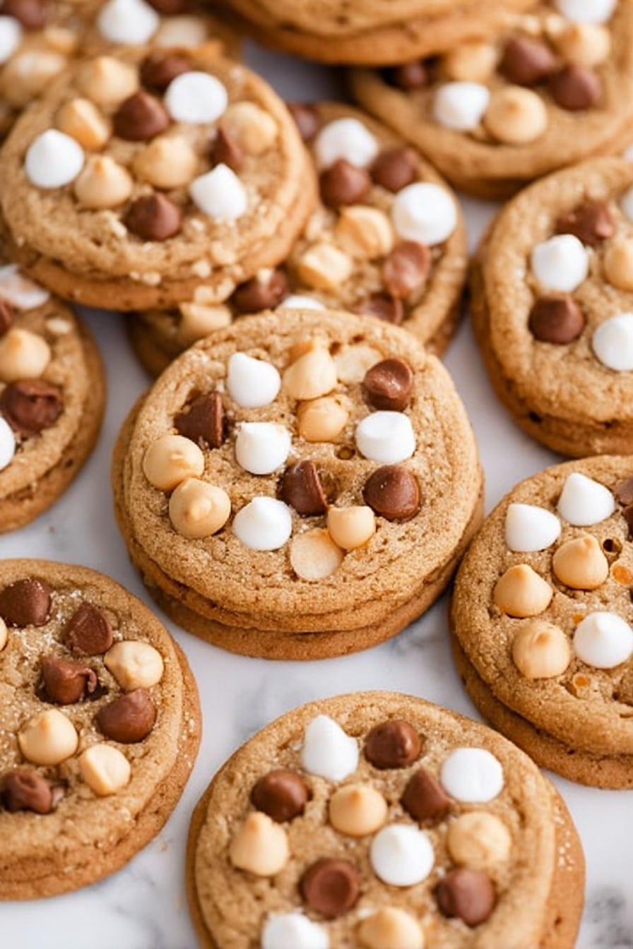 A close-up view of many round cookies laid flat on a white marbled surface, each cookie having a light brown, slightly textured base with visible small air bubbles. Each cookie is topped with a mix of white, dark brown, and light tan chips, scattered unevenly on the top surface. The chips create small layers on the cookies, giving them a rich, colorful pattern against the soft brown cookie. The cookies are stacked a little in some places, showing thickness and softness. photo taken with an iphone --ar 2:3 --v 7 - Butterscotch Pudding Cookies with Chocolate and White Chocolate Chips, best butterscotch pudding cookies, chewy chocolate chip cookies, soft cookie recipes, layered cookie dessert