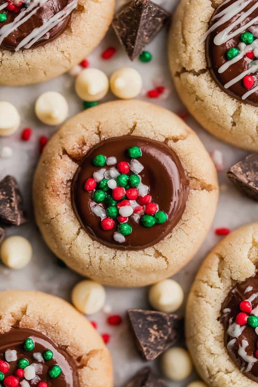 A close-up of soft, round cookies with a light beige base and a smooth, glossy chocolate center on top, each cookie decorated with small, round red, green, and white sprinkles. Some cookies show a white thin drizzle over the chocolate. Small white chocolate chips and dark chocolate chunks are scattered around the cookies on a white marbled surface. The cookies have a slightly cracked texture on the edges and appear soft and fresh. Photo taken with an iphone --ar 2:3 --v 7 - Nutella Thumbprint Cookies, chocolate hazelnut cookies, easy cookie recipes, soft chewy cookies, homemade thumbprint cookies