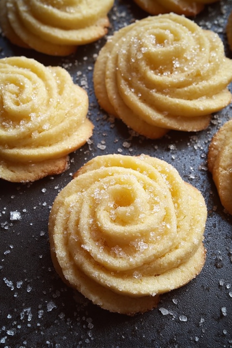 The image shows several round butter cookies with a soft yellow color and a slightly golden edge, each shaped in a spiral pattern with ridges creating a rosette design. The cookies have a grainy white sugar sprinkle on top, adding texture. They are placed on a dark baking tray that contrasts with their light color. The background has a fine scattering of coarse sugar crystals. Photo taken with an iphone --ar 2:3 --v 7 - Danish Butter Cookies, easy Danish cookies, classic Danish cookies recipe, melt-in-your-mouth butter cookies, Danish cookie baking