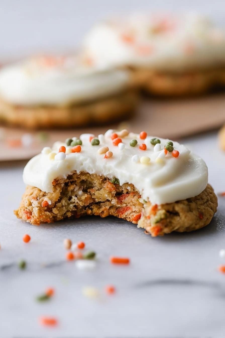The image shows a close-up of a single layered cookie with a thick layer of white creamy frosting on top. The cookie is light brown with visible bits of nuts or oats and small orange and green pieces, giving it a textured look. The frosting is smooth and spread generously, with small colorful round sprinkles scattered on it and around the cookie on a white marbled surface. The cookie has a bite taken out of one side, showing a soft inside. Other similar cookies blurred in the background can also be seen. Photo taken with an iphone --ar 2:3 --v 7 - Carrot Cake Cookies, Carrot Cake Cookies Recipe, Easy Carrot Cake Cookies, Best Carrot Cake Cookies, Chewy Carrot Cake Cookies
