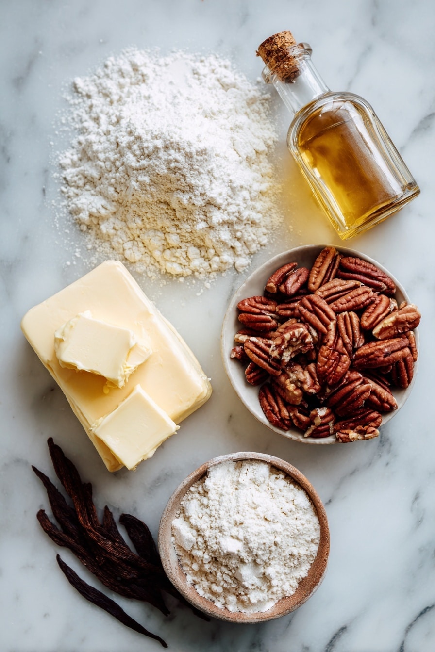 Flat lay of soft unsalted butter, a pile of fine powdered sugar, golden all-purpose flour, chopped pecans with rich brown shades, and a small glass bottle of vanilla extract, all beautifully arranged in a balanced composition, placed on a white marble surface, photo taken with an iphone --ar 2:3 --v 7 - Mexican Wedding Cookies, Polvorones, Mexican cookies, holiday cookies, buttery Mexican treats