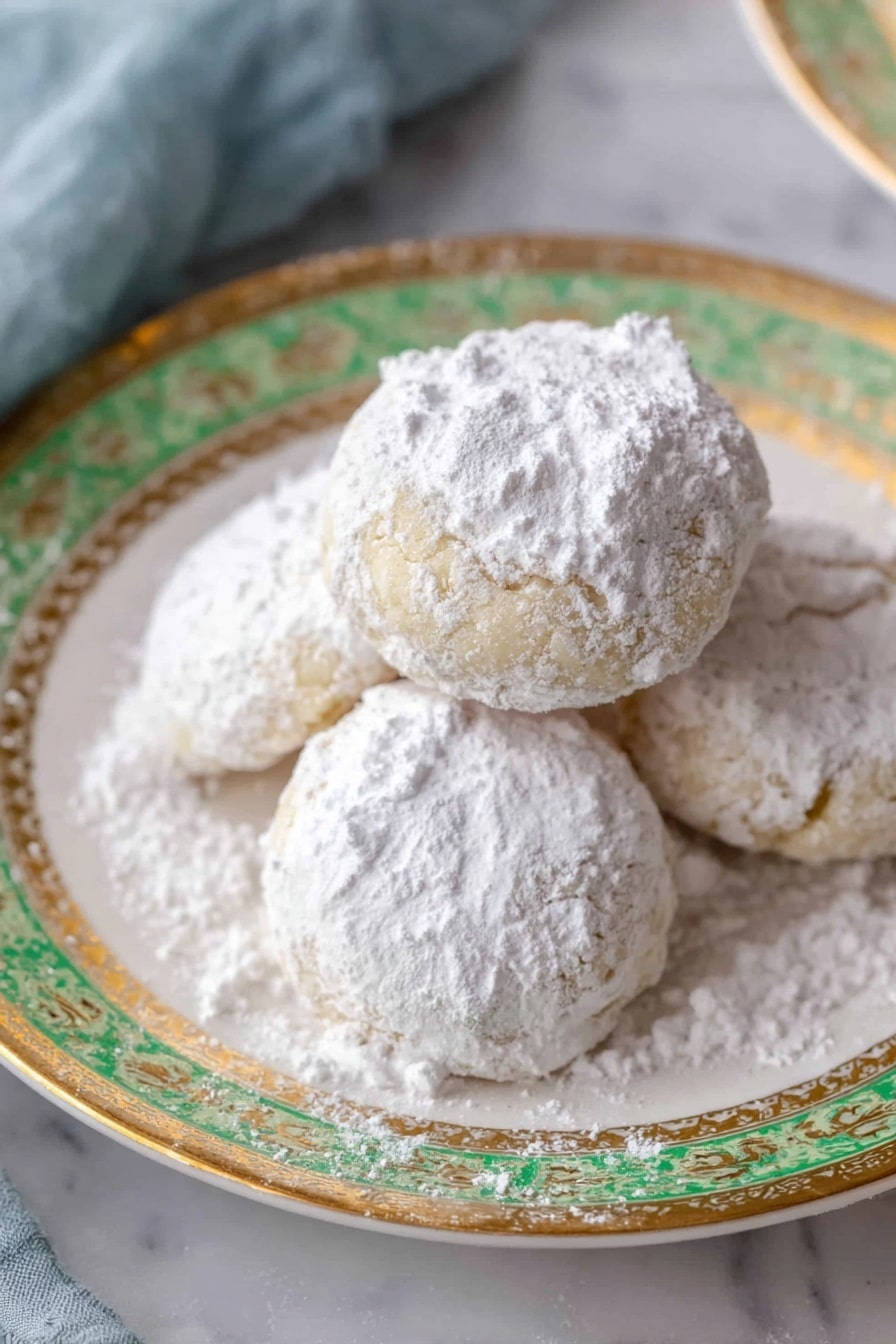 The image shows four round cookies stacked on a white plate with green and gold patterned edges; each cookie is covered in a thick layer of white powdered sugar, giving them a snowy, soft texture. The cookies sit closely together, some powder sugar spilling onto the plate. The plate is on a white marbled surface, and a soft blue fabric is partially visible on the left side. The lighting highlights the powdered sugar’s powdery texture and the gentle cracks on some cookies' sides. Photo taken with an iphone --ar 2:3 --v 7 - Mexican Wedding Cookies, Polvorones, Mexican cookies, holiday cookies, buttery Mexican treats