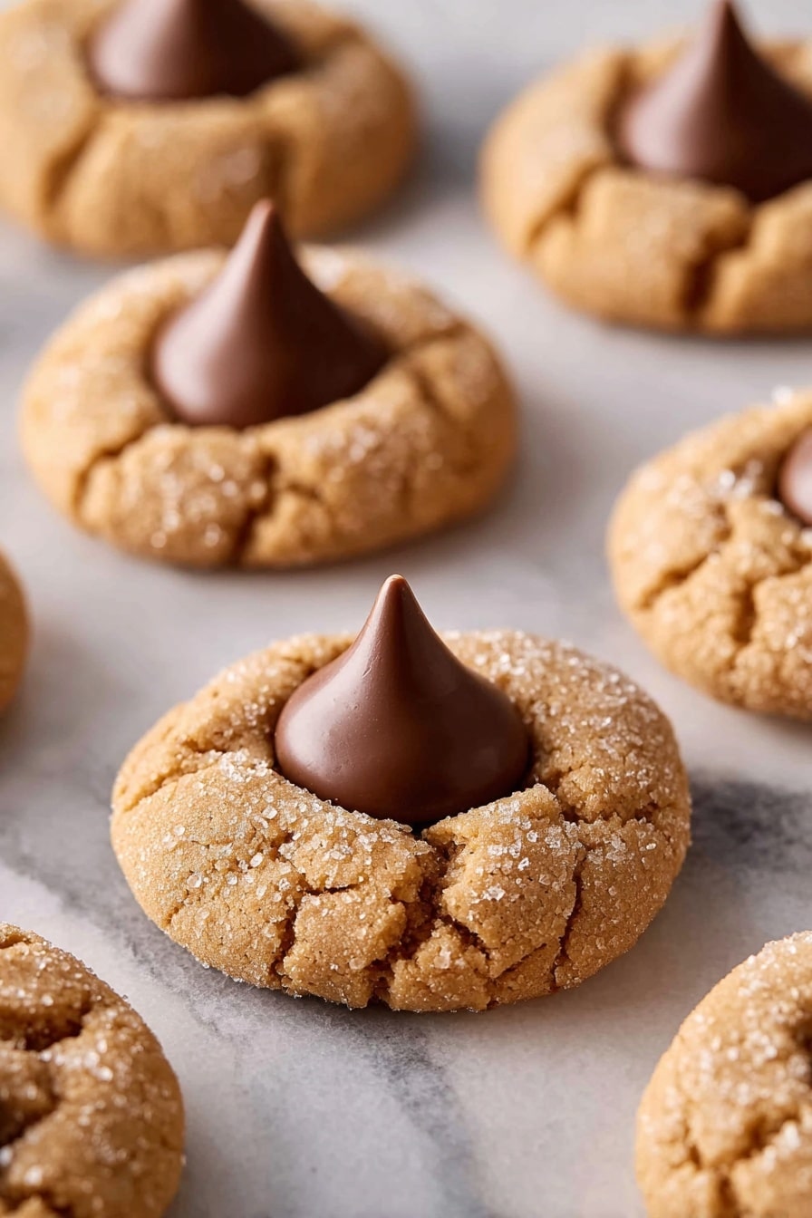 The image shows several peanut butter cookies with a cracked, light brown surface arranged on a white marbled surface. Each cookie has a single, smooth, dark brown chocolate kiss placed in the center, standing upright with a pointed tip. The cookies are round, slightly thick, and have a rough, crumbly texture with visible granules of sugar on top. The background is softly blurred, focusing on the front cookie and the cookies behind it spread out evenly. Photo taken with an iphone --ar 2:3 --v 7 - Peanut Butter Blossom Cookies, Peanut Butter Cookies with Hershey's Kisses, Classic Peanut Butter Cookies, Easy Peanut Butter Cookie Recipe, No-Bake Peanut Butter Cookies