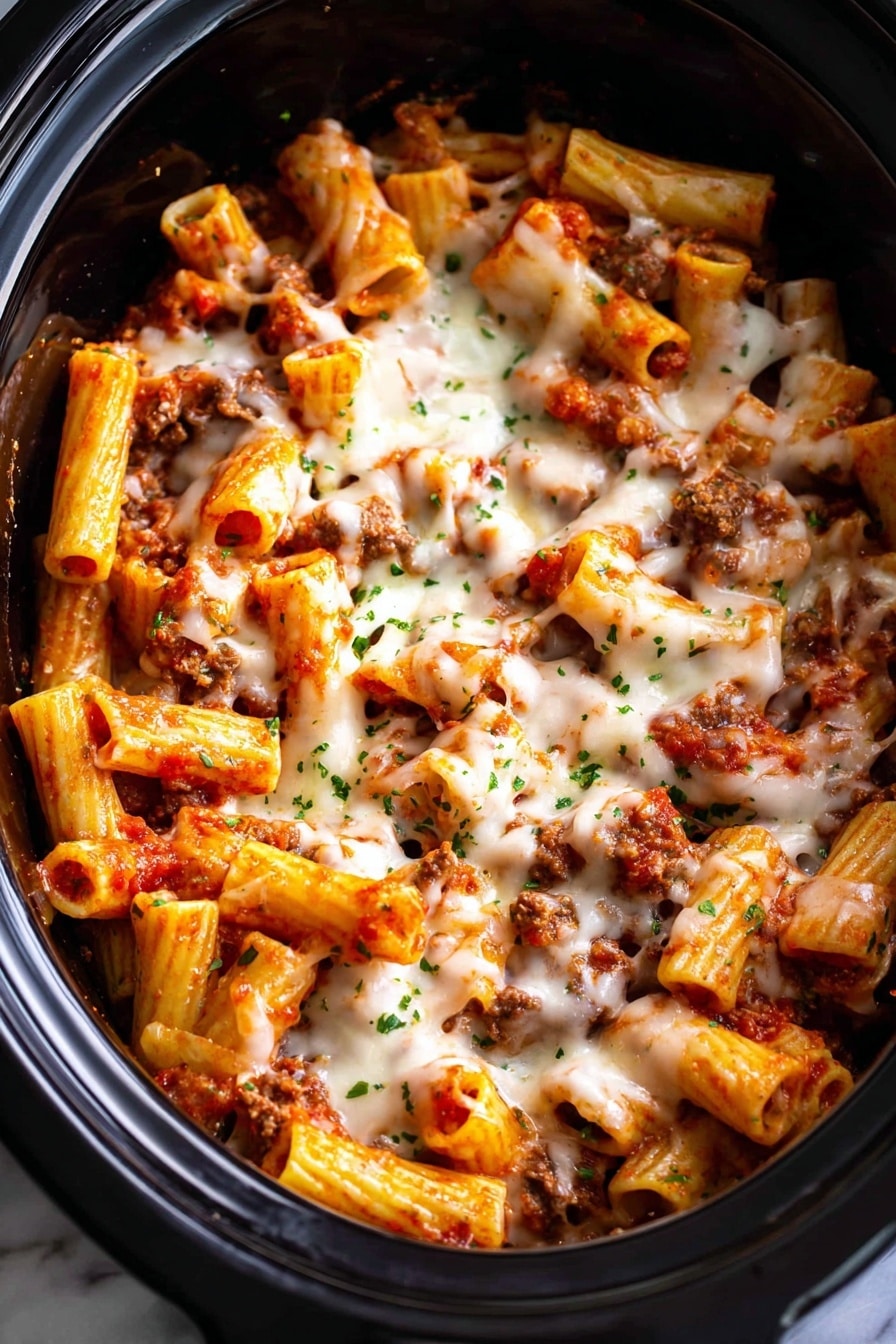 A close-up view of a black slow cooker filled with short tube pasta mixed with a reddish-orange tomato sauce and small pieces of browned meat. The pasta is covered with melted white cheese that stretches slightly over the top, sprinkled with small green herb bits. The textures include the smooth melted cheese, the firm pasta tubes, and the rough meat pieces, all sitting inside the slow cooker with some sauce peeking through. The background is a white marbled texture. photo taken with an iphone --ar 2:3 --v 7 - Slow Cooker Baked Ziti, baked ziti, slow cooker pasta recipes, cheesy baked ziti, easy slow cooker dinner