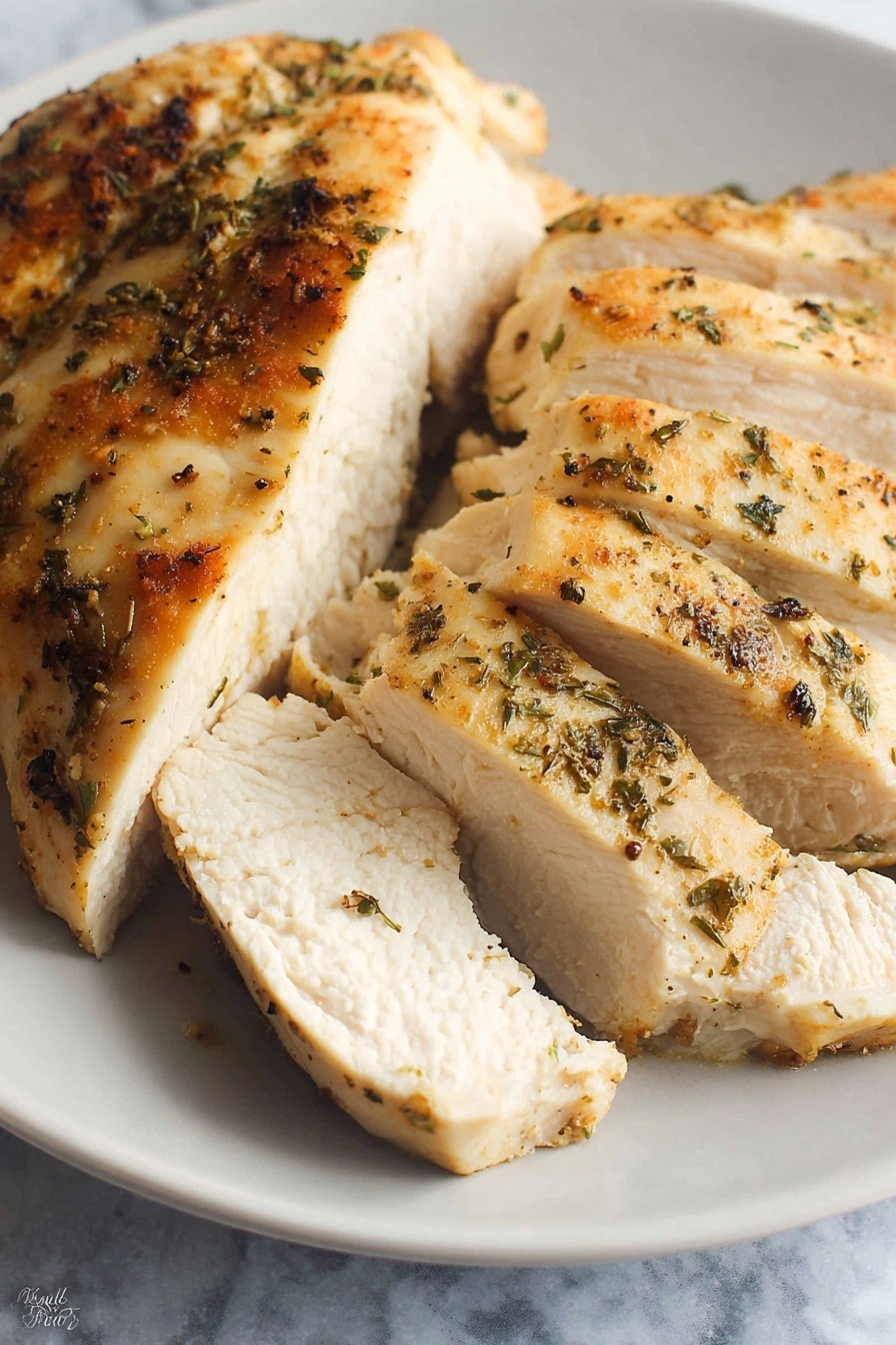 The image shows slices of cooked chicken placed close together on a white plate. The chicken is light golden on the outside with visible black pepper and green herb seasoning scattered across the surface. The chicken is cut into about six slices, showing a moist and tender white inside with a slightly textured surface. The plate rests on a white marbled background. photo taken with an iphone --ar 2:3 --v 7 - Slow Cooker Juicy Seasoned Chicken Breast, easy slow cooker chicken recipes, tender chicken breast in slow cooker, flavorful chicken breast dinner, healthy slow cooker chicken