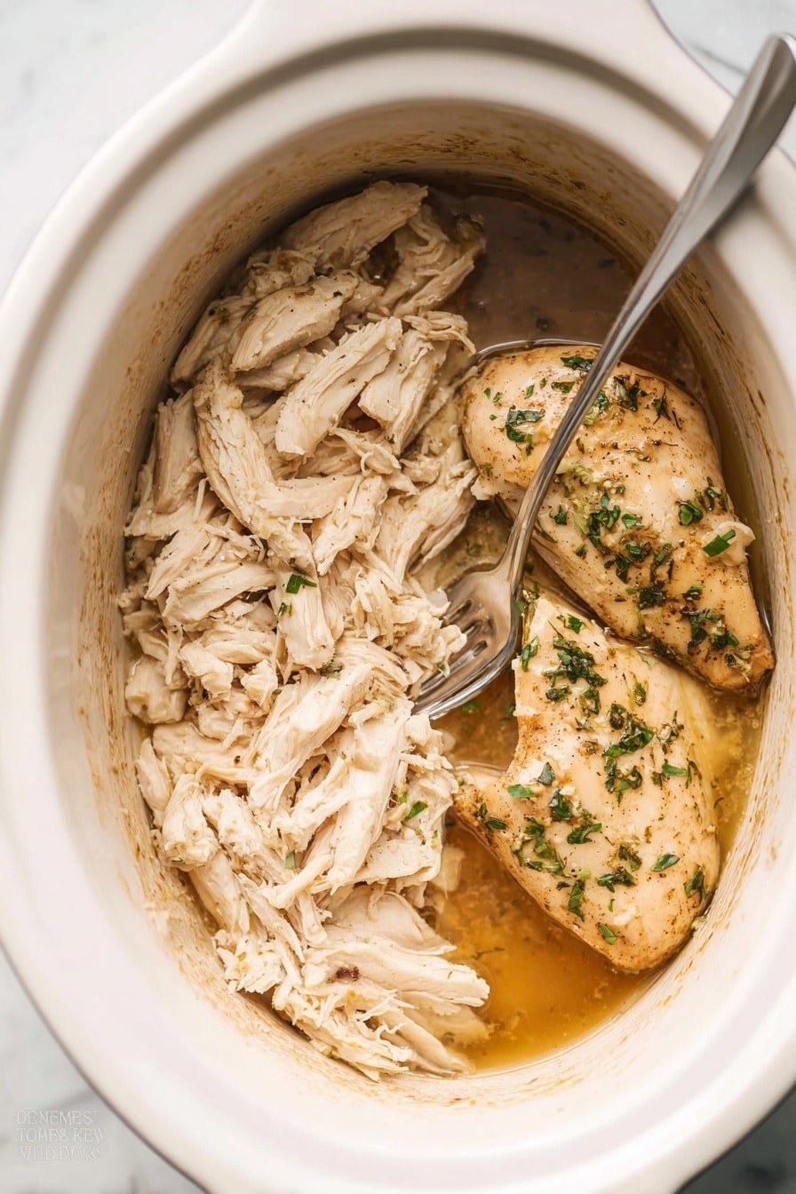 This image shows a white slow cooker filled with two main layers: on the right side, there are two whole cooked chicken pieces with a light golden color, sprinkled with green herbs and a shiny glaze of broth on top; on the left side, shredded chicken pieces in pale beige color soaking in a light brown broth, creating a moist texture; a silver fork is placed inside the slow cooker touching both shredded and whole chicken; the inside of the slow cooker has some broth stains along the edges; the background is a white marbled texture photo taken with an iphone --ar 2:3 --v 7 - Juicy Crockpot Shredded Chicken, Crockpot shredded chicken, easy shredded chicken recipes, perfect shredded chicken, tender shredded chicken