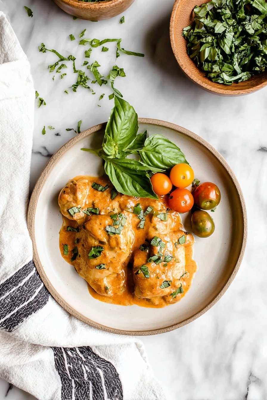 A white round plate holds two light brown chicken pieces covered in a smooth orange sauce sprinkled with green herbs. To the right of the chicken are a few small green and orange cherry tomatoes and a small bunch of fresh basil leaves. The plate is placed on a white marbled surface with a few chopped green herbs scattered above it. A white cloth with black stripes is partly visible on the bottom left corner. Two bowls filled with green leafy herbs sit at the top right corner of the image. Photo taken with an iphone --ar 2:3 --v 7 - Slow Cooker Creamy Tomato Basil Chicken, easy chicken dinner, slow cooker chicken recipes, creamy tomato basil chicken, flavorful chicken meal