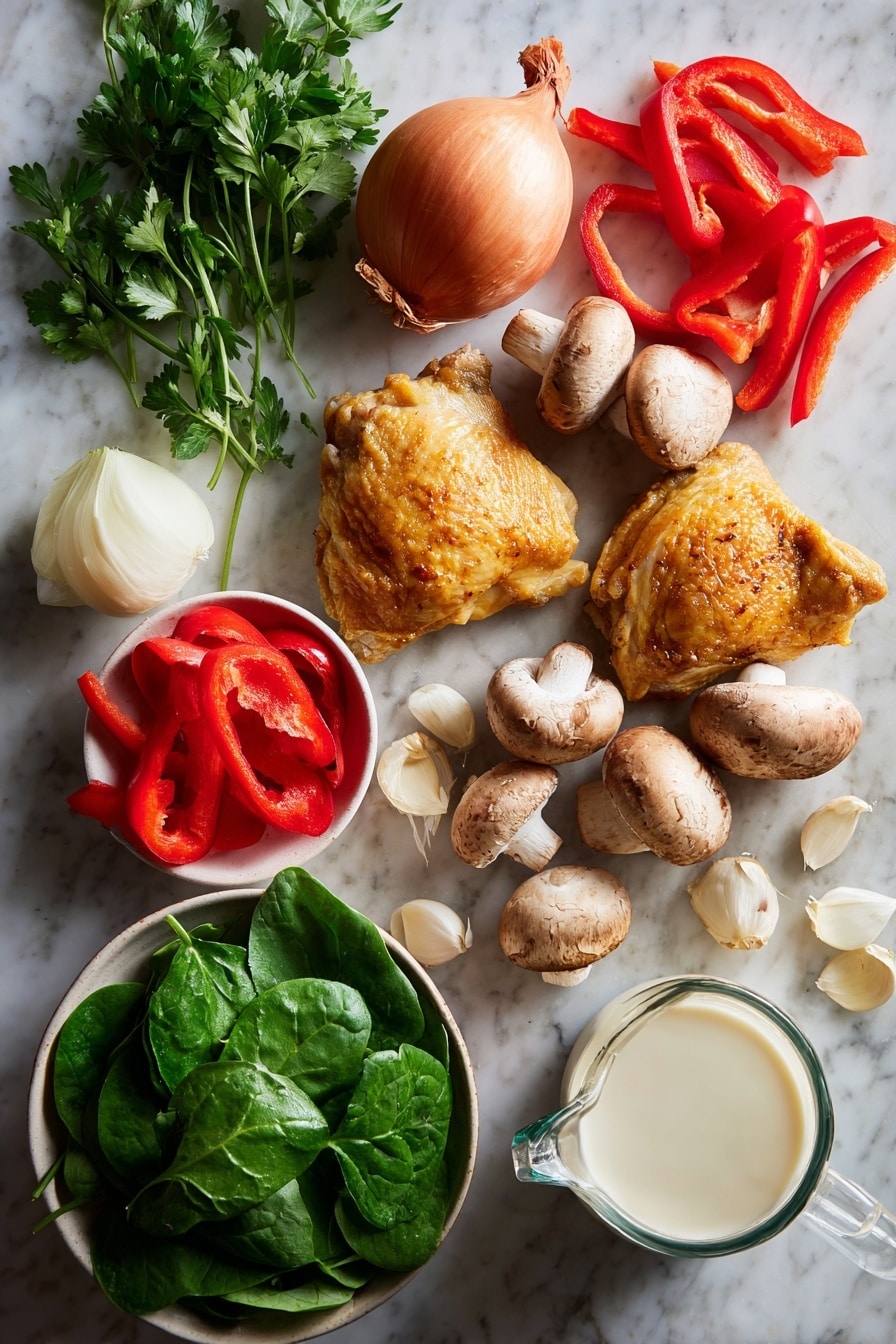 Flat lay of golden-brown chicken thighs with skin on, fresh whole and sliced mushrooms, vibrant red bell pepper strips, bright green fresh spinach leaves, a large chopped onion, minced garlic cloves, fresh parsley sprigs, and a small glass jug of creamy heavy cream, placed on a white marble surface, photo taken with an iphone --ar 2:3 --v 7 - Slow Cooker Creamy Chicken and Mushrooms, slow cooker chicken recipes, creamy chicken dinner, easy slow cooker chicken meal, comfort food chicken dishes