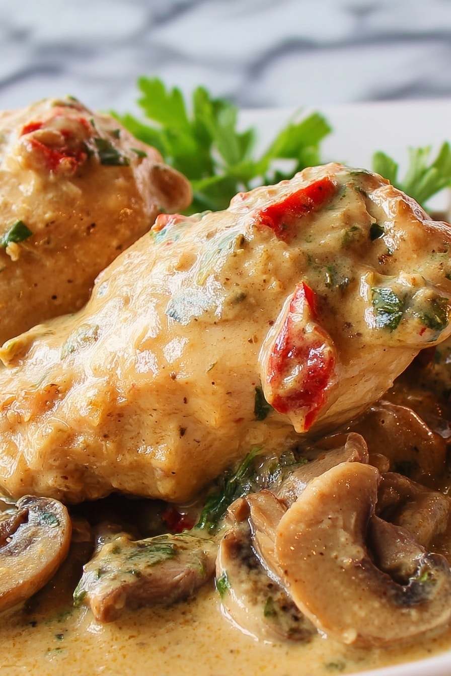 The image shows a close-up of two pieces of cooked chicken covered in a thick, creamy beige sauce with visible small chunks of red peppers and herbs. The chicken pieces rest on a bed of sliced brown mushrooms and some leafy green parsley. The sauce looks smooth with a slightly shiny texture, and there are hints of seasoning visible in the sauce. The background is a white marbled texture with a soft focus on the food, making the chicken and sauce the main focus. Photo taken with an iphone --ar 2:3 --v 7 - Slow Cooker Creamy Chicken and Mushrooms, slow cooker chicken recipes, creamy chicken dinner, easy slow cooker chicken meal, comfort food chicken dishes