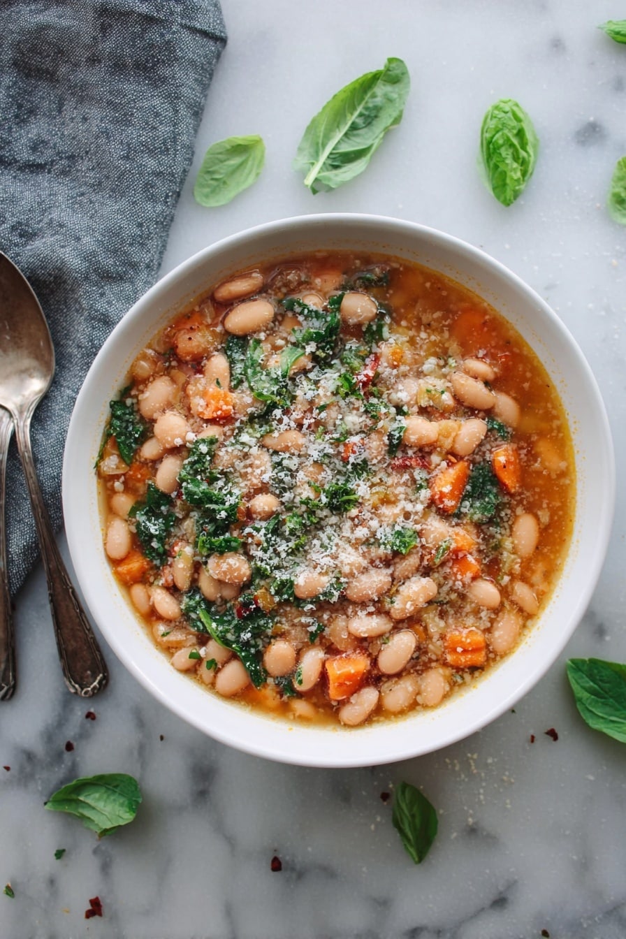 A white bowl filled with a bean soup that has three main layers: at the bottom, a light orange broth; in the middle, many soft, light brown beans mixed with small pieces of bright orange carrots; on top, fresh green leafy bits scattered throughout, along with a sprinkling of finely grated pale cheese. The bowl sits on a white marbled surface with scattered small green leaves nearby and a gray cloth with two spoons resting on it to the left side. photo taken with an iphone --ar 2:3 --v 7 - Cranberry Bean Soup, hearty cranberry bean recipe, nourishing bean soup, easy cranberry bean dish, comforting vegetable soup