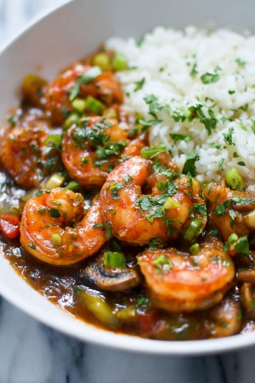 This image shows a close-up of a dish with several curled orange shrimp covered in a glossy, brown sauce mixed with small pieces of green herbs and vegetables, including green onions and cilantro, scattered on top. Around the shrimp, visible slices of mushrooms and bits of red and yellow bell peppers are mixed in the sauce. Behind the shrimp and sauce, there is a layer of white rice, softly blurred but clearly separate from the sauce. All of this is placed in a white bowl set on a white marbled surface. The photo is taken with an iphone --ar 2:3 --v 7 - New Orleans Gumbo with Shrimp and Sausage, Cajun gumbo recipe, Louisiana seafood gumbo, hearty shrimp sausage stew, authentic Cajun gumbo