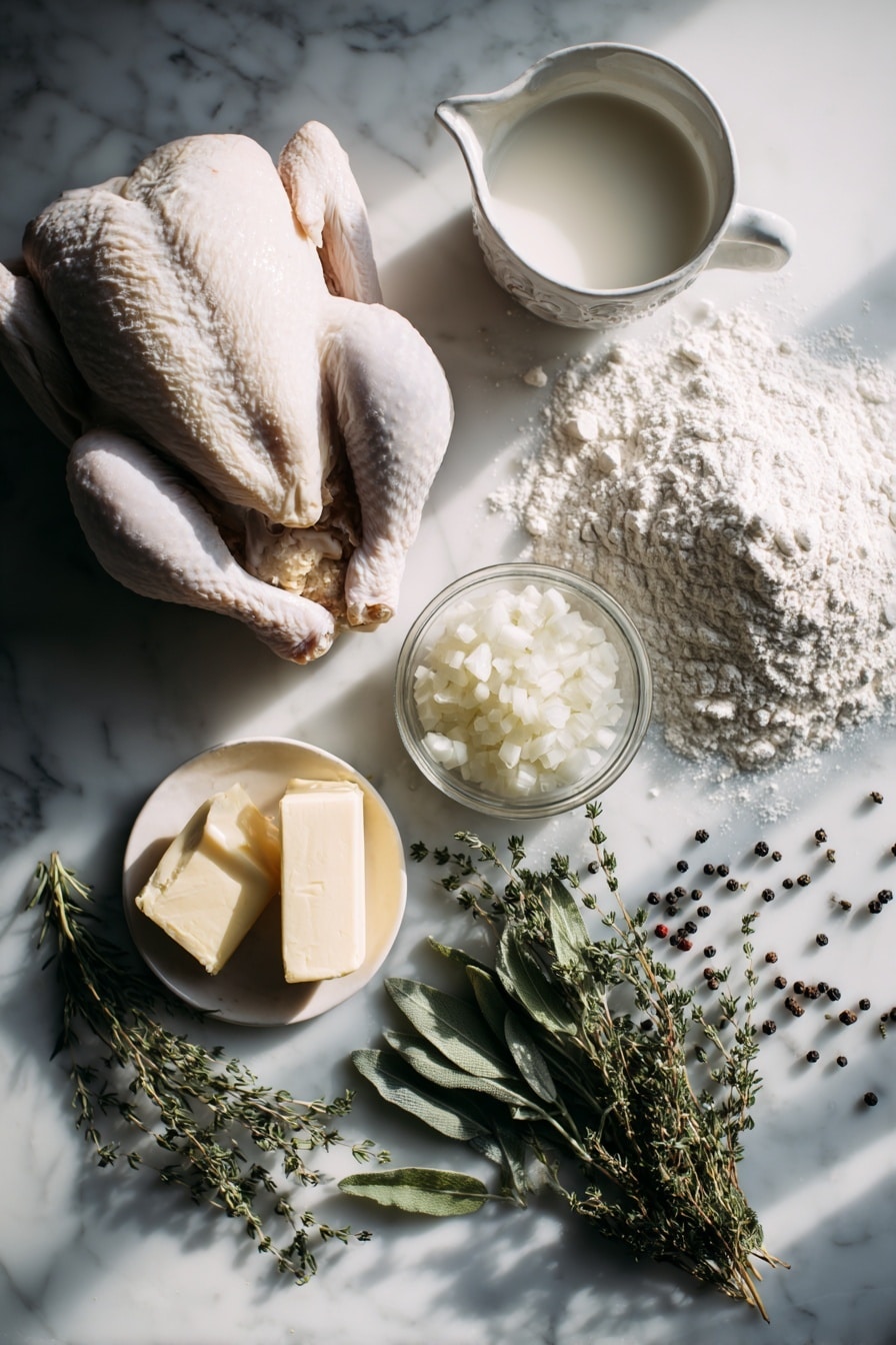 Flat lay of a whole raw chicken, diced white onion, a mound of all-purpose flour, a small pile of baking powder, a pat of unsalted butter, a measuring cup filled with warm whole milk, sprigs of fresh thyme and sage, and scattered whole black peppercorns, all beautifully arranged with soft natural light and delicate shadows, placed on a white marble surface, photo taken with an iphone --ar 2:3 --v 7 - Easy Homemade Chicken and Dumplings, chicken and dumplings, homemade chicken stew, simple chicken and dumplings recipe, comforting chicken dish