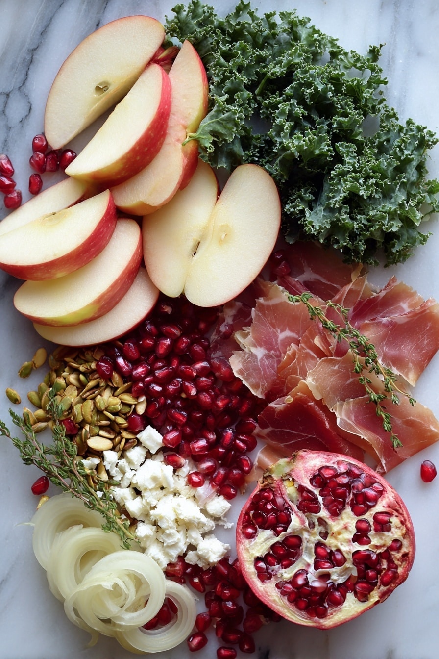 Flat lay of thinly sliced honeycrisp apples with a vibrant red and yellow skin, bright green shredded kale leaves, glossy ruby red pomegranate arils scattered like jewels, rustic golden toasted pepitas, delicate crispy prosciutto slices with a rich pink hue, small heaps of crumbly white feta cheese, thin rings of translucent shallot, and sprigs of fresh green thyme leaves, all placed on a white marble surface, photo taken with an iphone --ar 2:3 --v 7 - Fall Harvest Honeycrisp Apple and Kale Salad, autumn apple kale salad, healthy fall salad, seasonal apple and kale salad, caramelized shallot vinaigrette salad