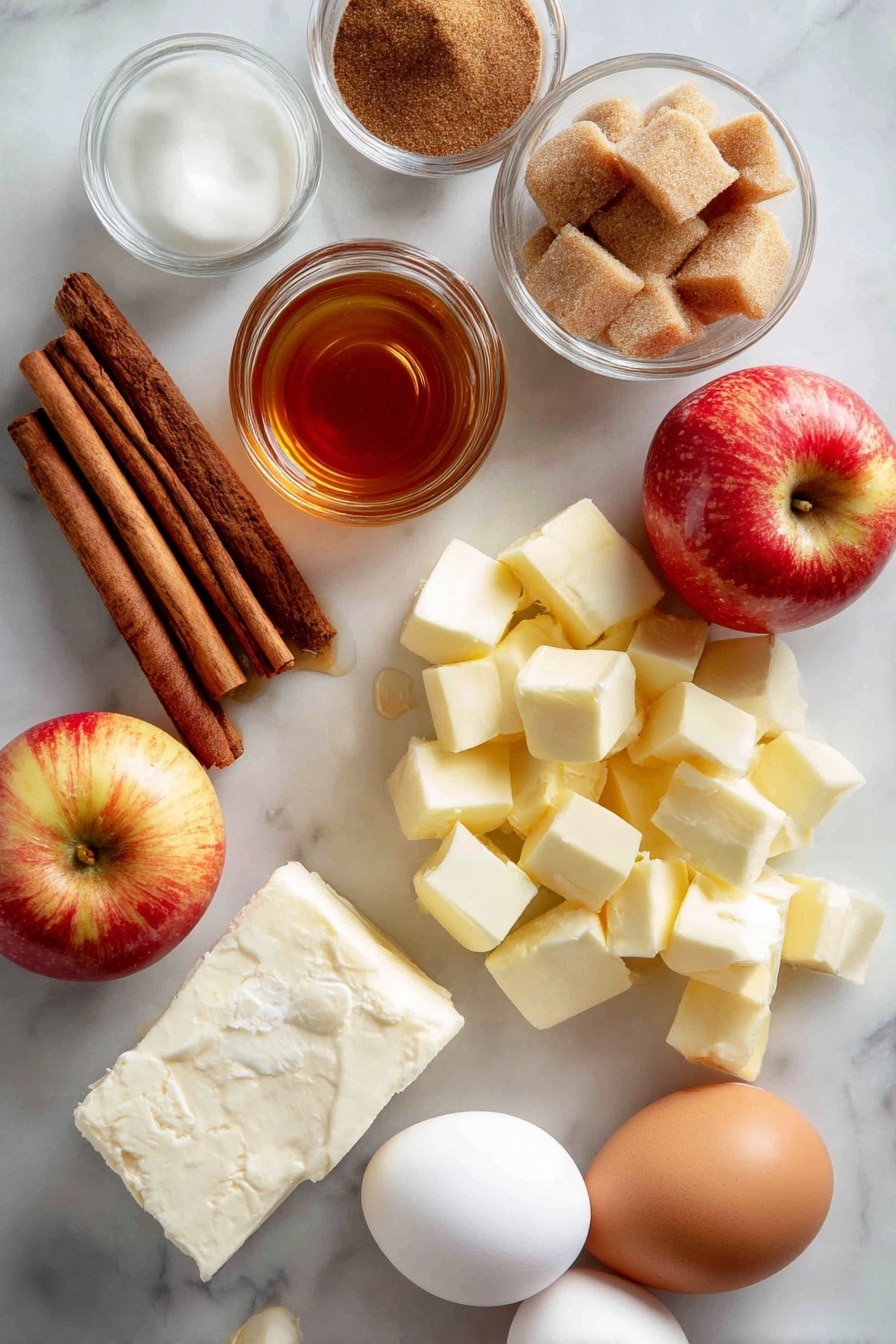 Flat lay of golden brown cinnamon sticks, light and dark brown sugar crystals, fresh chopped Honeycrisp apple pieces with red and yellow skin, smooth cubes of salted butter, creamy off-white cream cheese block, a small transparent jar of rich amber maple syrup, and whole fresh eggs, all beautifully arranged on a white marble surface, photo taken with an iphone --ar 2:3 --v 7 - Apple Cinnamon Rolls with Brown Butter Maple Icing, cinnamon rolls with apple and brown butter, homemade apple cinnamon rolls, easy apple cinnamon roll recipe, decadent breakfast cinnamon rolls