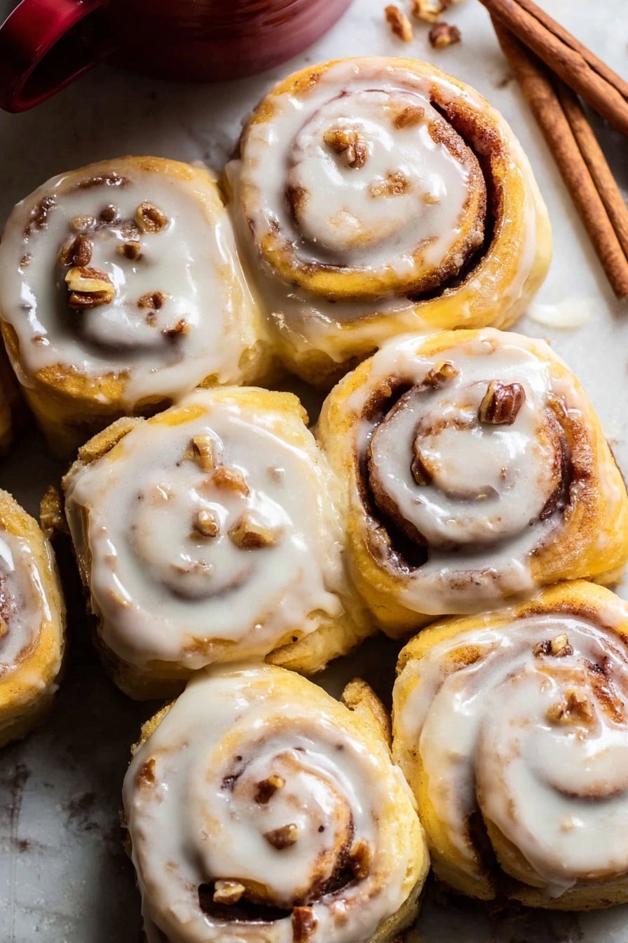 A close-up view of six cinnamon rolls arranged closely together on a white marbled surface. Each roll shows a soft golden-yellow dough spiraled with a dark cinnamon and sugar filling, with small pieces of nuts embedded within. A creamy white icing with a smooth texture generously covers the top of each cinnamon roll, slightly dripping down the sides. In the upper background, a few cinnamon sticks lay on the white marbled surface near the top right corner, next to a red ceramic cup partially visible. The warm tones of the rolls contrast nicely with the white icing and the white marbled surface, giving a fresh and inviting look. photo taken with an iphone --ar 2:3 --v 7 - Apple Cinnamon Rolls with Brown Butter Maple Icing, cinnamon rolls with apple and brown butter, homemade apple cinnamon rolls, easy apple cinnamon roll recipe, decadent breakfast cinnamon rolls