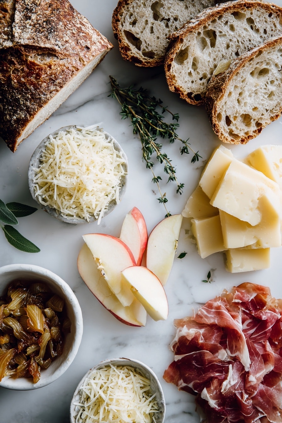 Flat lay of thinly sliced yellow onions caramelized to a golden brown, fresh thyme leaves scattered delicately, vibrant chopped sage, crisp slices of prosciutto with a slight sheen, thin apple slices from a bright honeycrisp apple, shredded fontina cheese with soft curls, shredded gouda cheese in small piles, and a few crushed red pepper flakes sprinkled lightly, all beautifully arranged on a white marble surface, photo taken with an iphone --ar 2:3 --v 7 - French Onion and Apple Grilled Cheese, gourmet grilled cheese sandwich, caramelized onion apple sandwich, fall-inspired grilled cheese, prosciutto and cheese melt