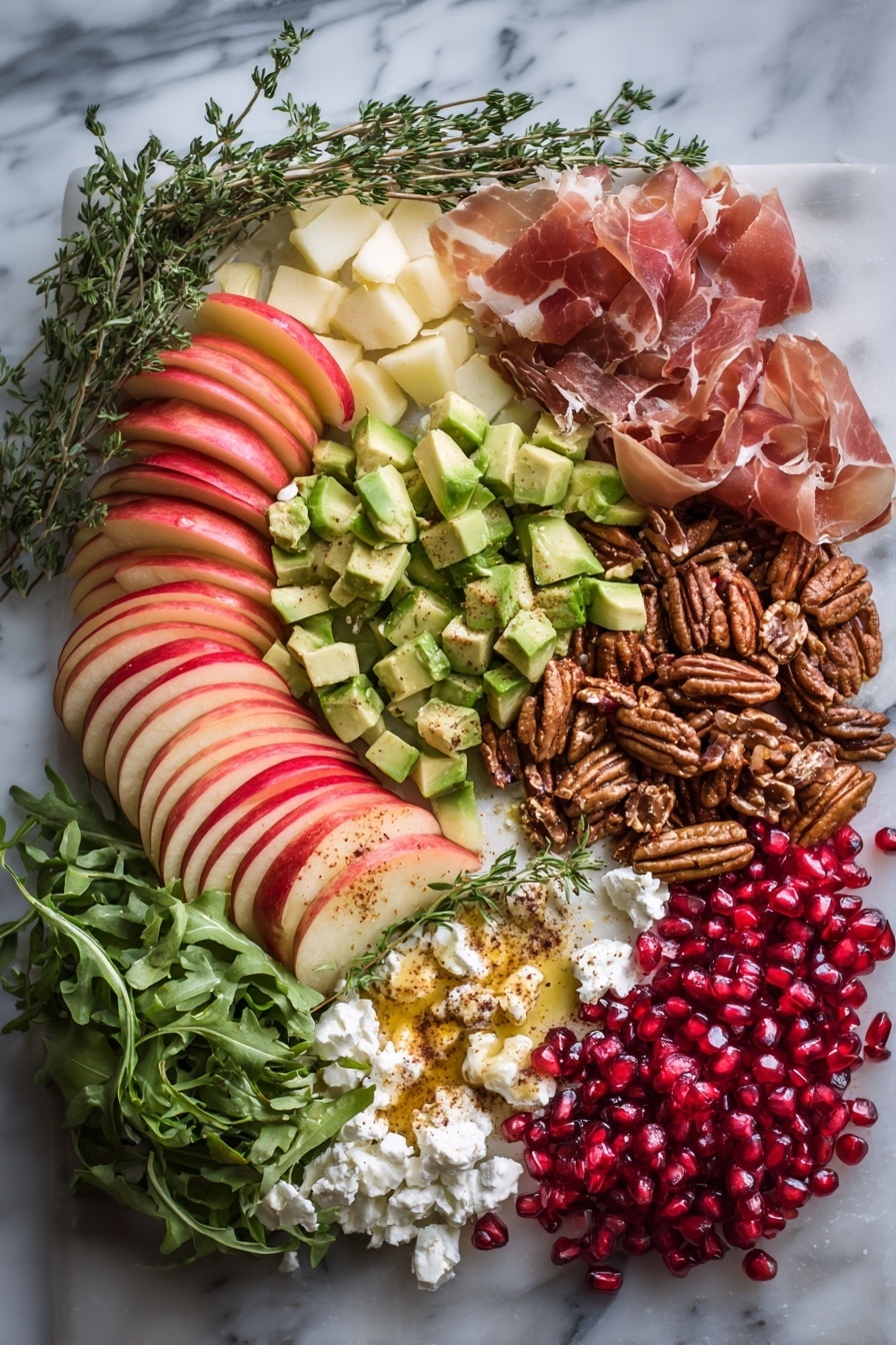 Flat lay of thinly sliced honeycrisp apples with their red and yellow hues, bright green diced avocado cubes, deep red pomegranate arils scattered like jewels, crumbled white feta cheese, toasted pecans and pumpkin seeds dusted with cinnamon, delicate crispy prosciutto slices, fresh green arugula leaves, vibrant thyme sprigs, and a small drizzle of golden maple syrup, all beautifully arranged with natural light and soft shadows, placed on a white marble surface, photo taken with an iphone --ar 2:3 --v 7 - Autumn Harvest Honeycrisp Apple and Feta Salad, honeycrisp apple salad, fall apple salad recipes, seasonal apple feta salad, healthy autumn salads
