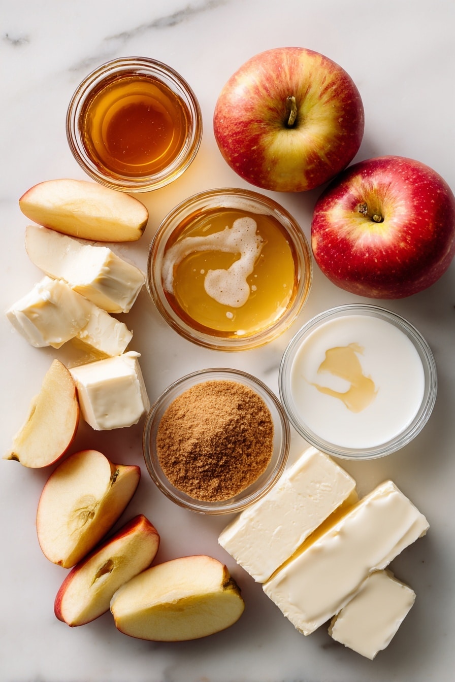 Flat lay of chopped Honeycrisp apples with their red and yellow skin intact, a small jar of smooth apple butter, creamy white cream cheese blocks, golden melted coconut oil pooling gently, a mound of light brown cinnamon sugar mixture, a drizzle of rich honey, a pat of soft salted butter, and a splash of milky white yogurt arranged beautifully and naturally placed on a white marble surface, photo taken with an iphone --ar 2:3 --v 7 - Cinnamon Sugar Swirled Apple Butter Bread, apple butter bread, fall bread recipes, cinnamon swirl bread, easy homemade bread