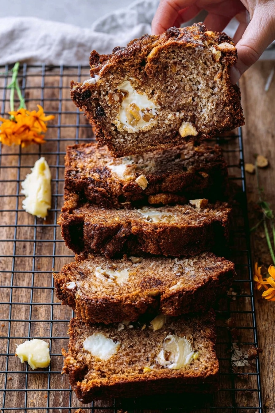 The image shows several thick slices of dark brown bread with a moist texture, placed on a wire cooling rack over a wooden surface. Inside each slice, there are visible light cream-colored layers that look soft and spread unevenly, with chunks of white and light yellow fruits or nuts embedded throughout. One piece is held by a woman's hand, showing its crumbly texture. Small orange flowers and a dollop of light yellow butter are scattered nearby. The background is a white marbled texture. Photo taken with an iphone --ar 2:3 --v 7 - Cinnamon Sugar Swirled Apple Butter Bread, apple butter bread, fall bread recipes, cinnamon swirl bread, easy homemade bread