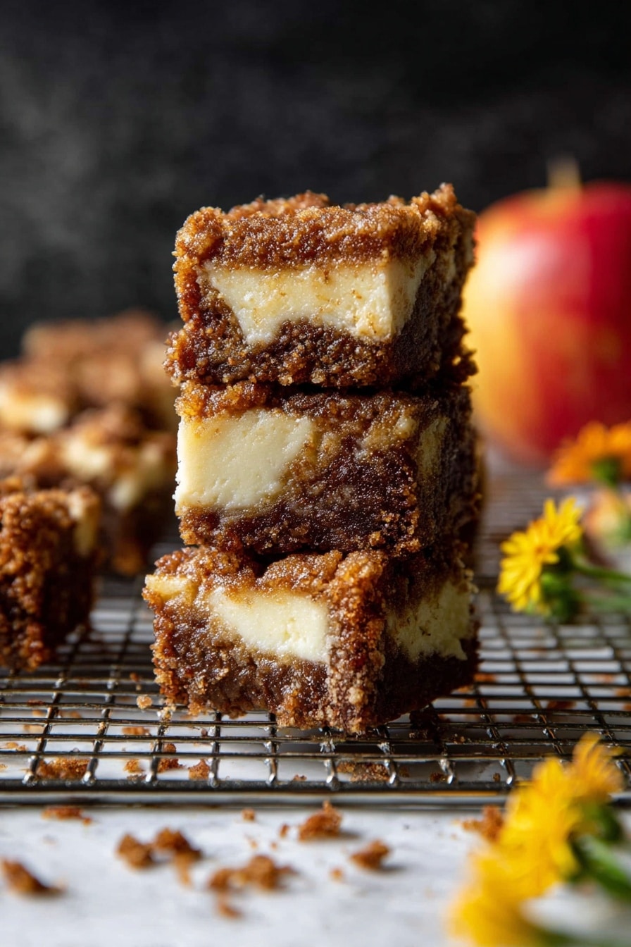 The image shows a stack of three square dessert bars on a metal cooling rack placed over a white marbled surface. Each bar has two visible layers: a thicker, moist, brown crumbly layer on top and a creamy white layer beneath it. The bars look soft and textured, with some crumbs scattered around them. In the background, there is a red and yellow apple and a few small yellow flowers adding color to the scene. The photo has a dark blurred background that highlights the dessert bars. Photo taken with an iphone --ar 2:3 --v 7 - Cinnamon Sugar Swirled Apple Butter Bread, apple butter bread, fall bread recipes, cinnamon swirl bread, easy homemade bread