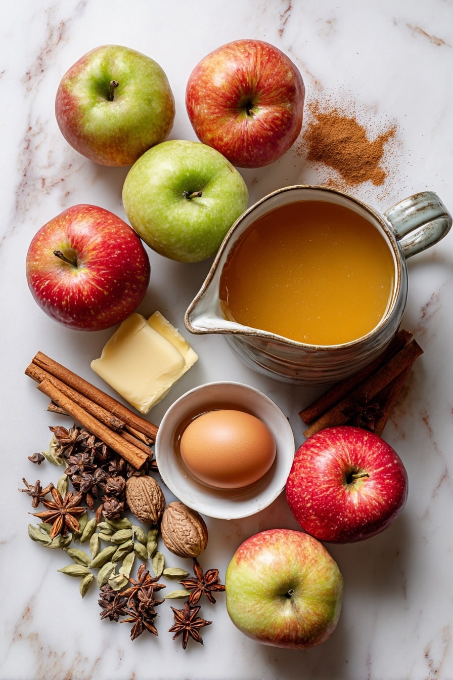 Flat lay of fresh whole apples with shiny red and green skins, a small pitcher of golden maple syrup, a dish of smooth apple butter, a scattering of warm brown cinnamon sticks, star anise pods, fresh grated nutmeg, whole cardamom pods, and a few cracked eggs, all beautifully arranged with a stick of melted butter pooling gently beside them, placed on a white marble surface, photo taken with an iphone --ar 2:3 --v 7 - Baked Cinnamon Sugar Apple Cider Doughnut Holes, fall appetizer, cinnamon sugar doughnut holes, baked doughnut holes recipes, cozy fall dessert