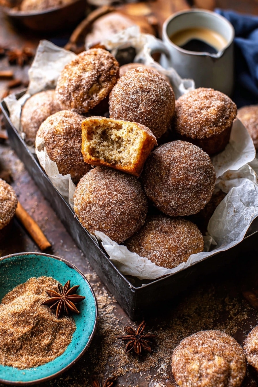 The image shows a pile of small, round muffins covered in a light brown cinnamon sugar coating, stacked inside a dark muffin tray lined with white parchment paper. One muffin is split open, revealing a soft, crumbly inside with a golden brown color. Around the muffin tray, there are more muffins placed on a wooden surface with scattered cinnamon sugar. A blue-green bowl filled with cinnamon sugar and star anise is visible on the side, along with a white cup of coffee topped with a brown star anise. The overall scene has warm, cozy colors and a textured look. photo taken with an iphone --ar 2:3 --v 7 - Baked Cinnamon Sugar Apple Cider Doughnut Holes, fall appetizer, cinnamon sugar doughnut holes, baked doughnut holes recipes, cozy fall dessert