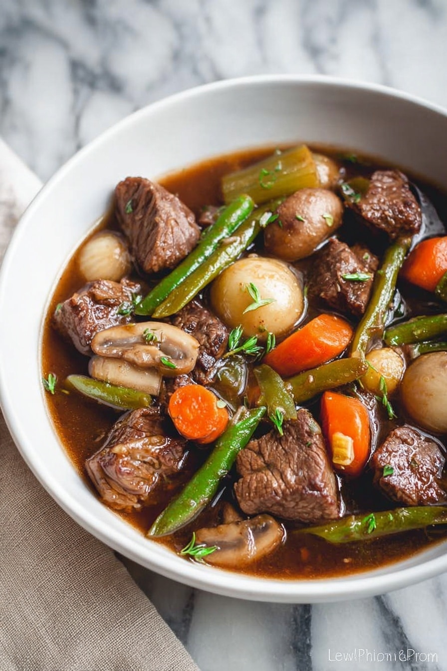 A white bowl filled with a rich beef stew showing several layers: the bottom layer is a dark brown broth with a glossy texture, floating on top are chunks of tender brown beef pieces with a slightly rough surface, whole small light brown pearl onions, orange carrot slices, green celery sticks, sliced beige mushrooms with a soft texture, and green beans. Some small green herb sprigs are sprinkled on top. The bowl sits on a white marbled surface with a beige cloth partially visible on the left side. photo taken with an iphone --ar 2:3 --v 7 - Keto Beef Stew, low-carb beef stew, keto-friendly stew recipe, hearty keto stew, low-carb comfort food