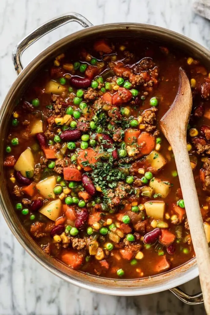 Cowboy Stew with Kielbasa, Ground Beef, Potatoes, and Veggies Recipe