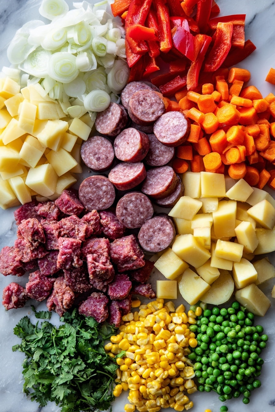 Flat lay of sliced kielbasa, raw ground beef, diced yellow onion, chopped carrots, vibrant red bell pepper pieces, minced garlic cloves, cubed butter potatoes, colorful frozen peas and corn mix, and fresh chopped cilantro, arranged neatly with vivid natural colors and textures, placed on a white marble surface, photo taken with an iphone --ar 2:3 --v 7 - Cowboy Stew with Kielbasa, hearty one-pot stew, beef and sausage recipe, comforting dinner ideas, easy casserole with potatoes and veggies