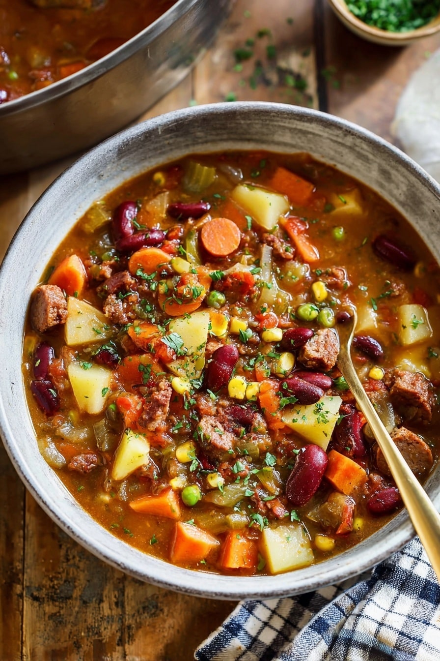 The image shows a bowl of thick soup filled with many colorful ingredients. The soup has a brownish-red broth with visible layers of orange carrot cubes, green peas, yellow corn kernels, dark red kidney beans, light yellow potato pieces, and slices of brown sausage. Bits of browned meat are mixed throughout, and chopped green herbs are sprinkled on top. The bowl is white with a grayish finish, placed on a wooden table with a checkered cloth nearby and a brass spoon resting inside the bowl. Photo taken with an iphone --ar 2:3 --v 7 - Cowboy Stew with Kielbasa, hearty one-pot stew, beef and sausage recipe, comforting dinner ideas, easy casserole with potatoes and veggies