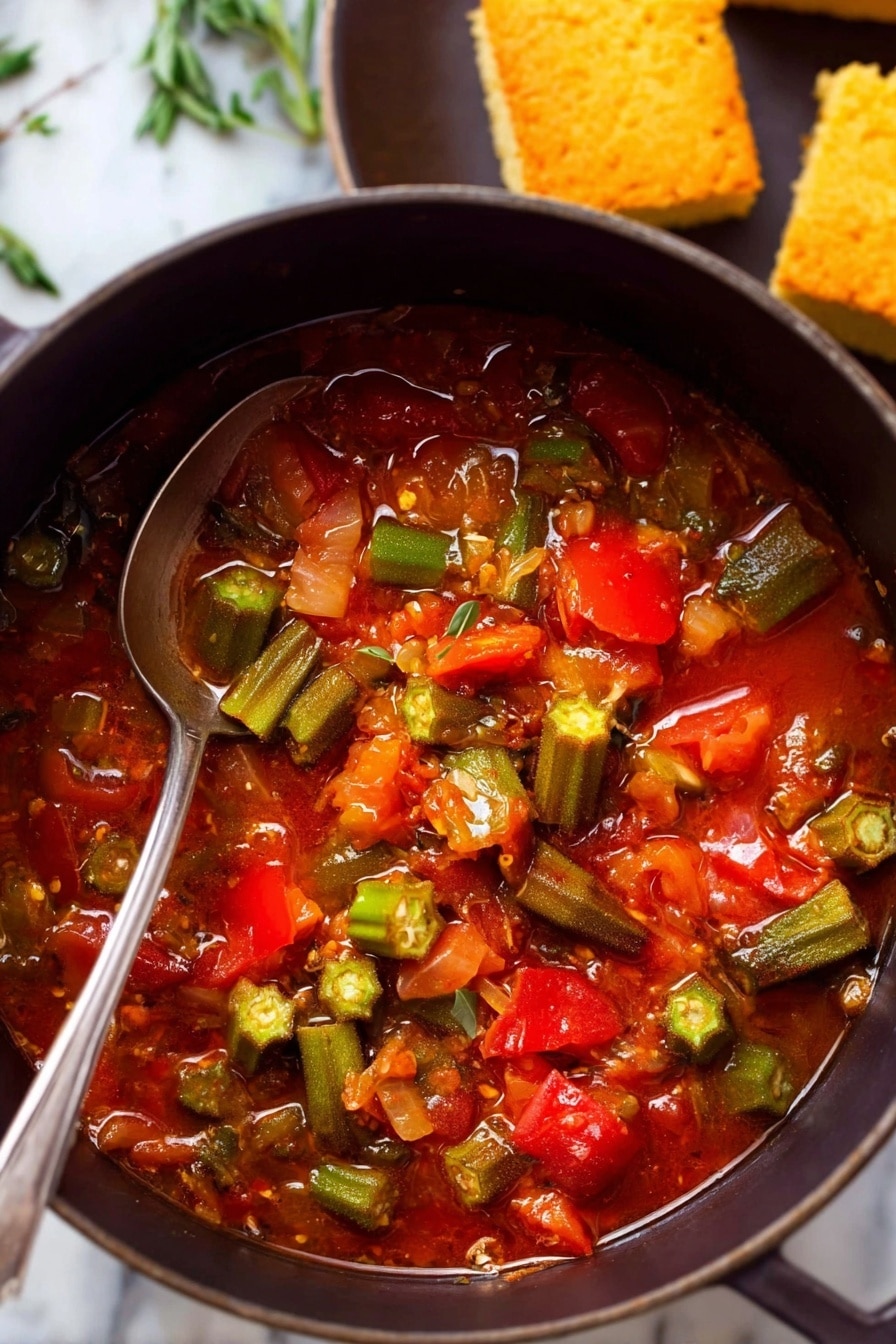 A close-up view of a black pot filled with a vibrant stew featuring bright red tomato chunks, green okra pieces with their unique ridged texture and visible seeds, and small bits of caramelized onion and garlic, all simmering in a rich, reddish broth; a silver spoon rests inside the pot, partially submerged in the stew, while the background shows two square pieces of golden cornbread on a dark plate, all placed on a white marbled surface with hints of green herbs scattered around. photo taken with an iphone --ar 2:3 --v 7 - Stewed Okra and Tomatoes with Bacon and Fresh Herbs, okra and tomato stew, southern okra recipes, bacon vegetable dishes, fresh herb vegetable recipes