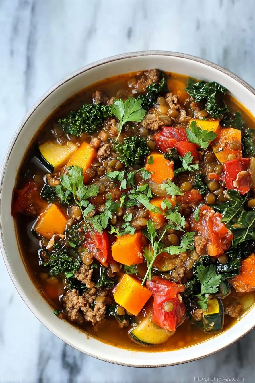 A white bowl filled with a colorful stew consisting of multiple layers: orange carrot chunks, yellow squash pieces, bright red diced tomatoes, dark green leafy kale, and small brown lentils mixed with ground meat. The stew has a thin brown broth that fills the space between the ingredients, and fresh cilantro leaves are scattered on top, adding a fresh green touch. The bowl sits on a white marbled surface. photo taken with an iphone --ar 2:3 --v 7 - Lamb, Lentil and Squash Stew, hearty lamb lentil squash stew, comforting lamb stew with lentils and squash, flavorful lamb and vegetable stew, nourishing stew recipes