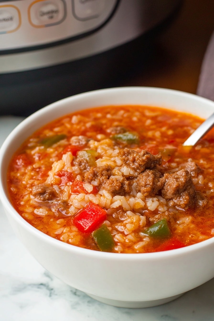 A close-up of a white slow cooker filled with a thick, textured mix of cooked rice, ground meat, and diced red and green bell peppers in a rich, orange-red sauce. The inside rim of the slow cooker shows some sauce splashes, and a metal ladle is partially submerged, lifting a scoop of the dish that highlights the soft grains of rice and the chunky bits of meat and vegetables. The slow cooker sits on a white marbled surface. photo taken with an iphone --ar 2:3 --v 7 - Slow Cooker Stuffed Pepper Soup, stuffed pepper soup recipe, easy slow cooker soup, hearty stuffed pepper dish, comforting dinner ideas