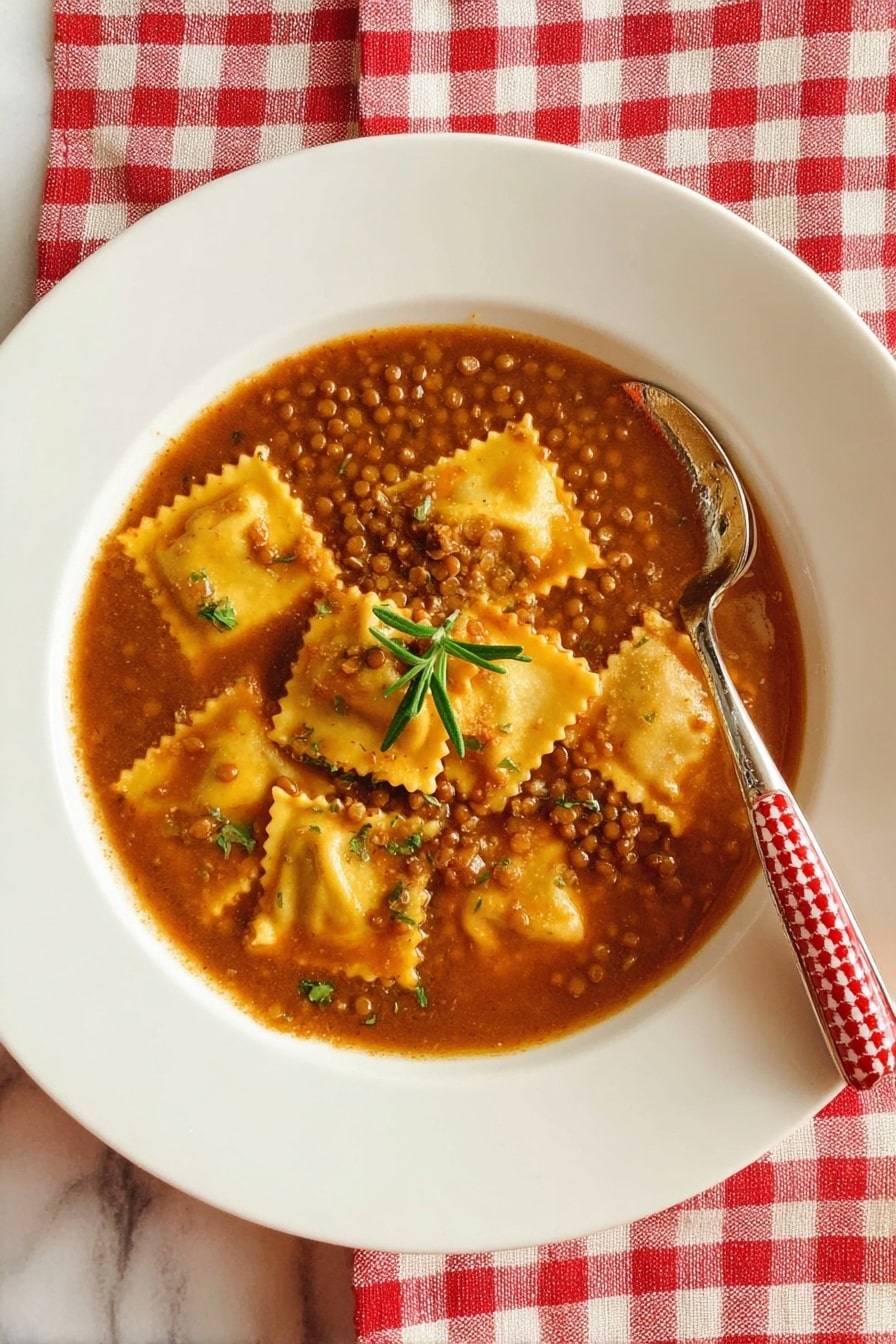 A shallow white plate sits on a red and white checkered cloth over a white marbled surface, filled with a brown lentil soup base. The soup contains square yellow ravioli pieces with ruffled edges layered throughout, and a small green sprig of rosemary rests on top in the middle. A silver spoon with a red and white patterned handle is placed inside the soup on the right side of the plate. Photo taken with an iphone --ar 2:3 --v 7 - Umbrian Lentil Soup with Pasta, Italian Lentil Soup, hearty vegetarian soup, traditional Italian lentil recipes, easy warm Italian soup