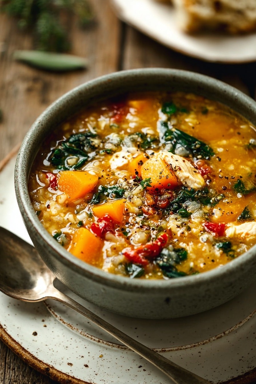 A gray bowl filled with a thick soup showing several layers of textures and colors: bright orange chunks of vegetables, white small grains, leafy dark green pieces, and scattered red roasted vegetable chunks, all mixed in a golden orange broth with specks of black pepper and herbs on top. The bowl sits on a white plate with some seasoning marks on it, and a large silver spoon rests next to the bowl against a rustic wooden surface. A blurred white plate with torn bread is visible in the background along with a small green sprig. photo taken with an iphone --ar 2:3 --v 7 - Fall Chicken Stew with Quinoa and Butternut Squash, hearty fall chicken stew, healthy chicken stew recipes, nourishing winter stew, cozy autumn meal ideas