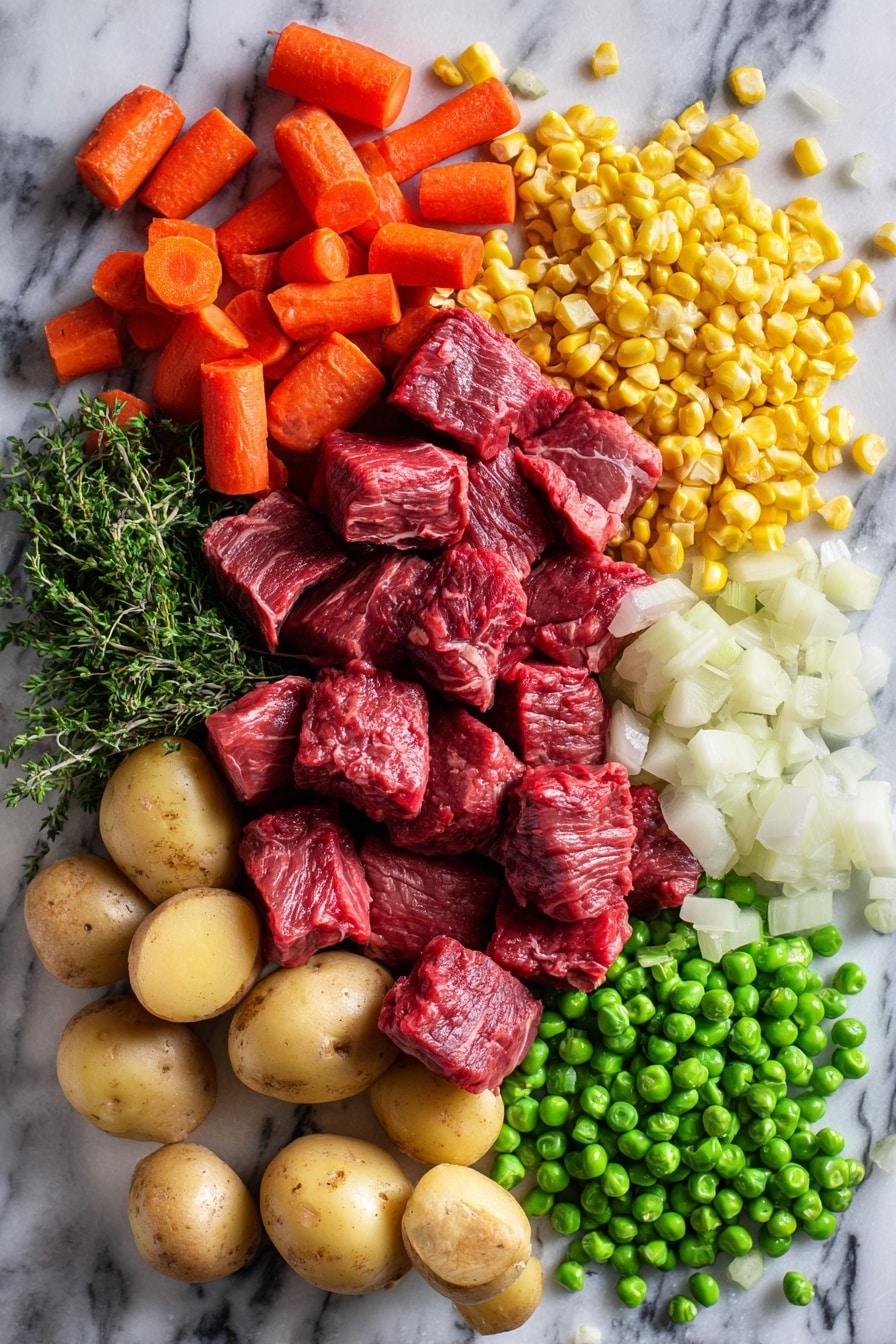 Flat lay of raw chuck roast cubes with a rich deep red color, bright orange carrot pieces, small quartered new potatoes with light brown skin, crisp celery ribs cut into chunks, a heap of diced white onions, vibrant frozen green peas and yellow corn kernels scattered beside sprigs of dried parsley and glossy crushed tomatoes, all beautifully arranged in an inviting composition, placed on a white marble surface, photo taken with an iphone --ar 2:3 --v 7 - Pressure Cooker Beef Stew, easy beef stew, quick beef stew recipes, hearty beef stew, tender beef stew recipe
